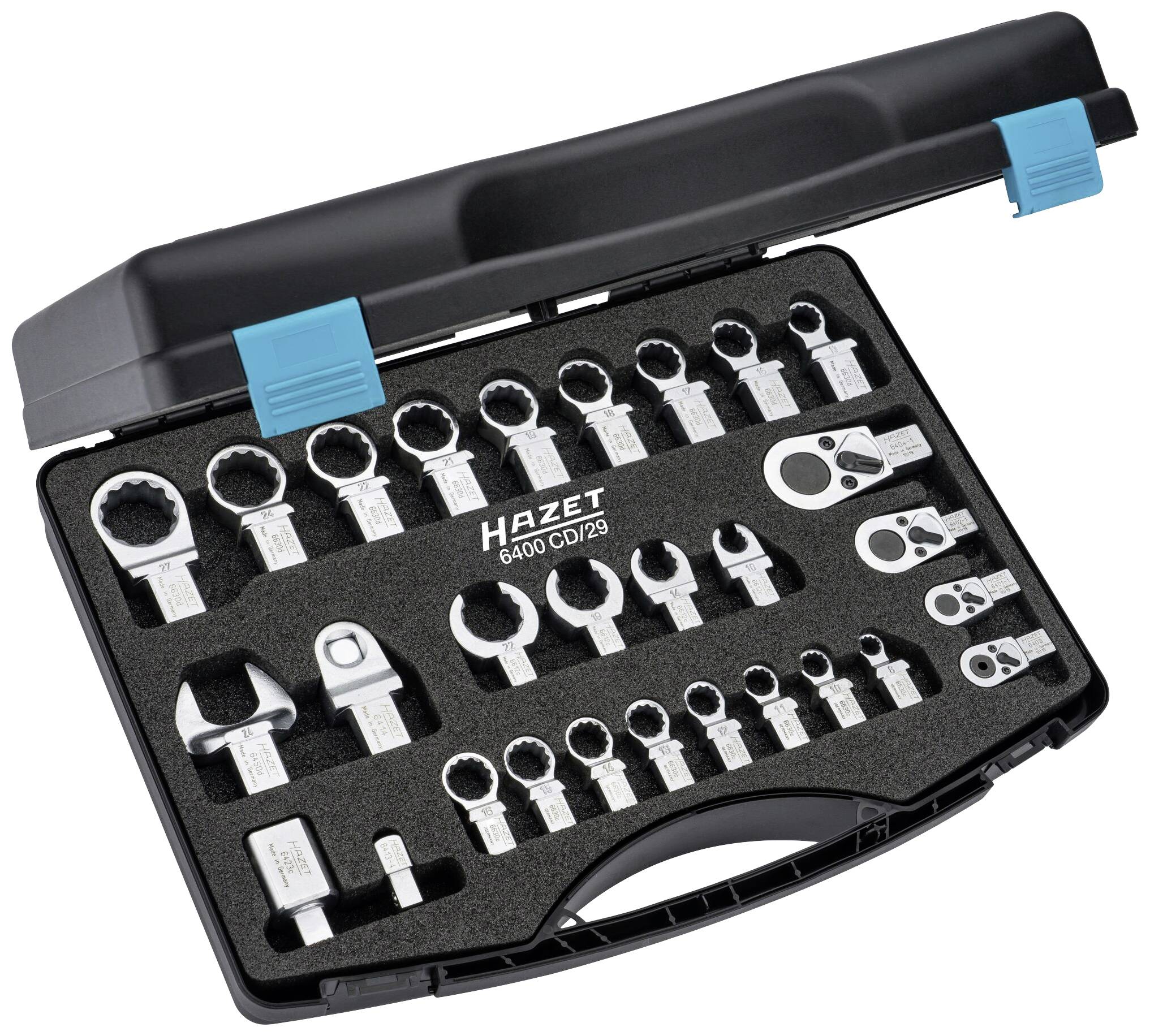 Tool case with various ring spanners and inserts from the Hazet brand. Contains 29 pieces in a black plastic case.
