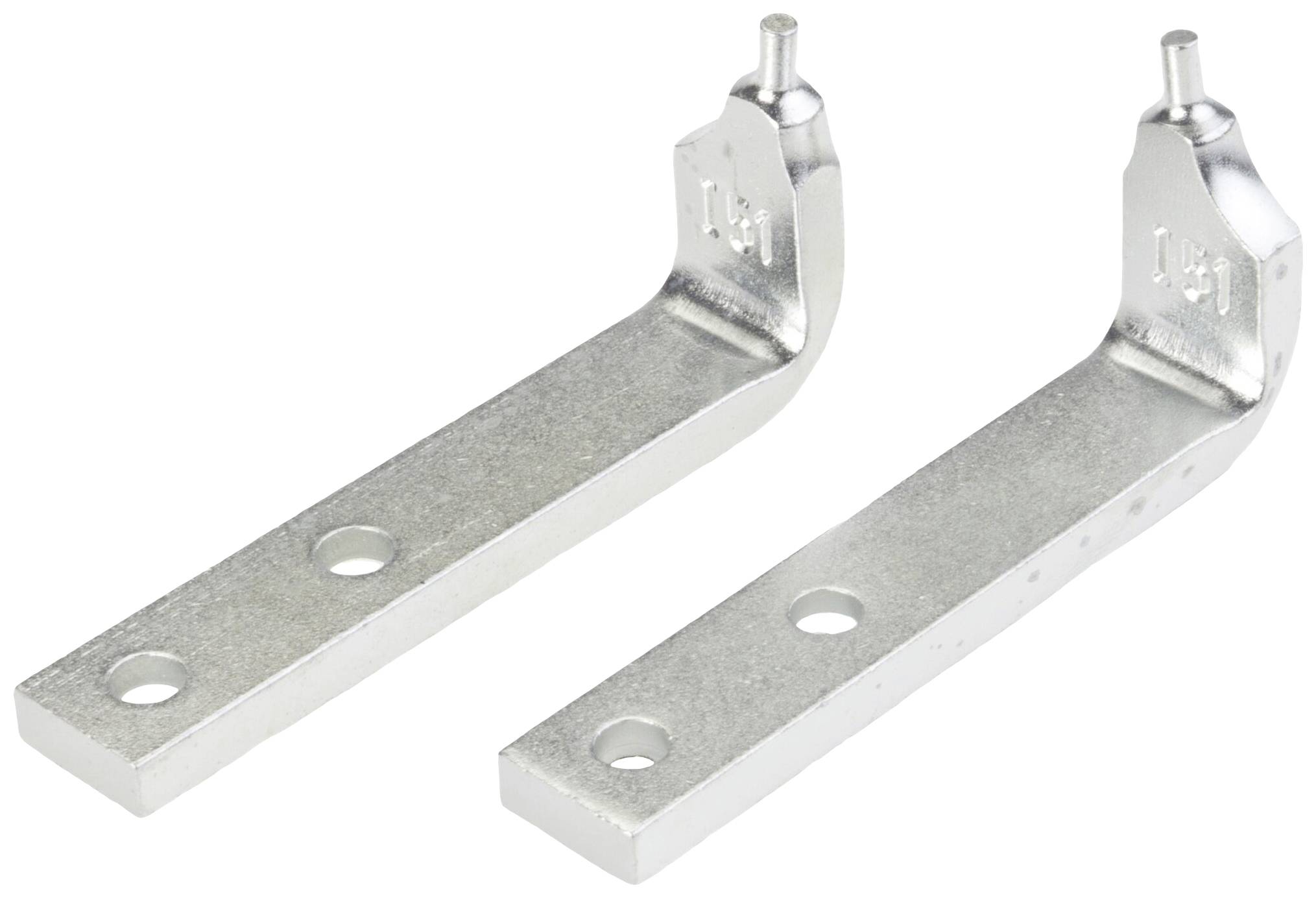 Zwei silberne Metallwinkel mit jeweils zwei Löchern, ähnlich geformt, liegen parallel. Sie haben an einem Ende einen kleinen hervorstehenden Stift.