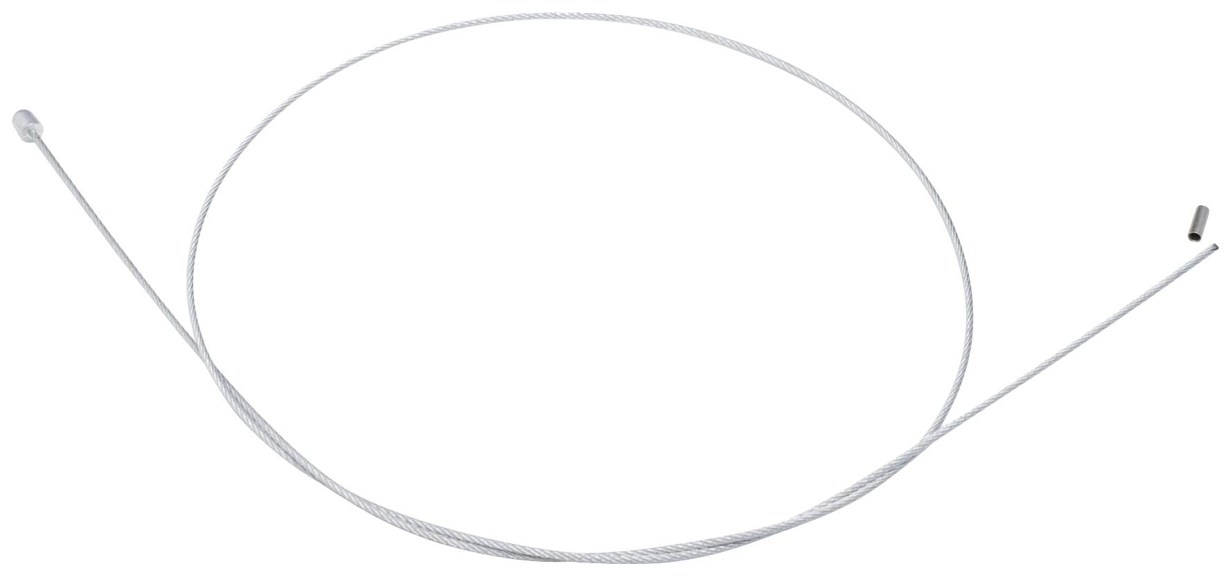 A single, silver bicycle brake cable on a white background. The cable is laid in a circle, with ends on both sides.