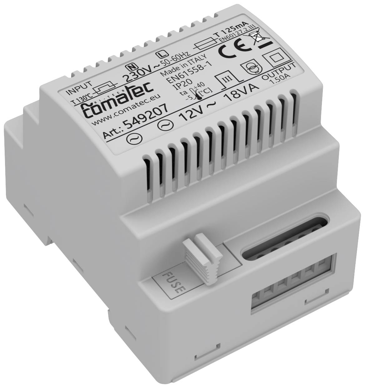 Comatec TBD201812F4 Rail mounted PSU (DIN) 12 V AC 1.5 A 18 VA Content 1 pc(s)