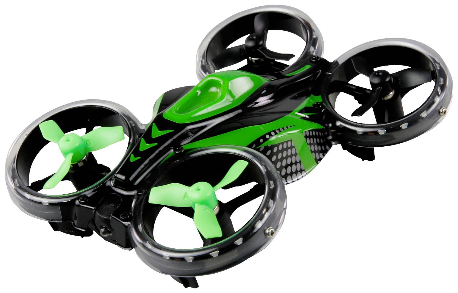A black and green quadcopter drone, suitable for both indoor and outdoor flights.