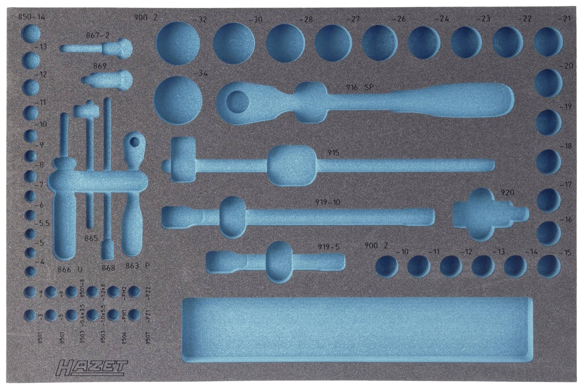 Foam insert for tools with cut-outs in various shapes and sizes, suitable for ratchet spanners and accessories.
