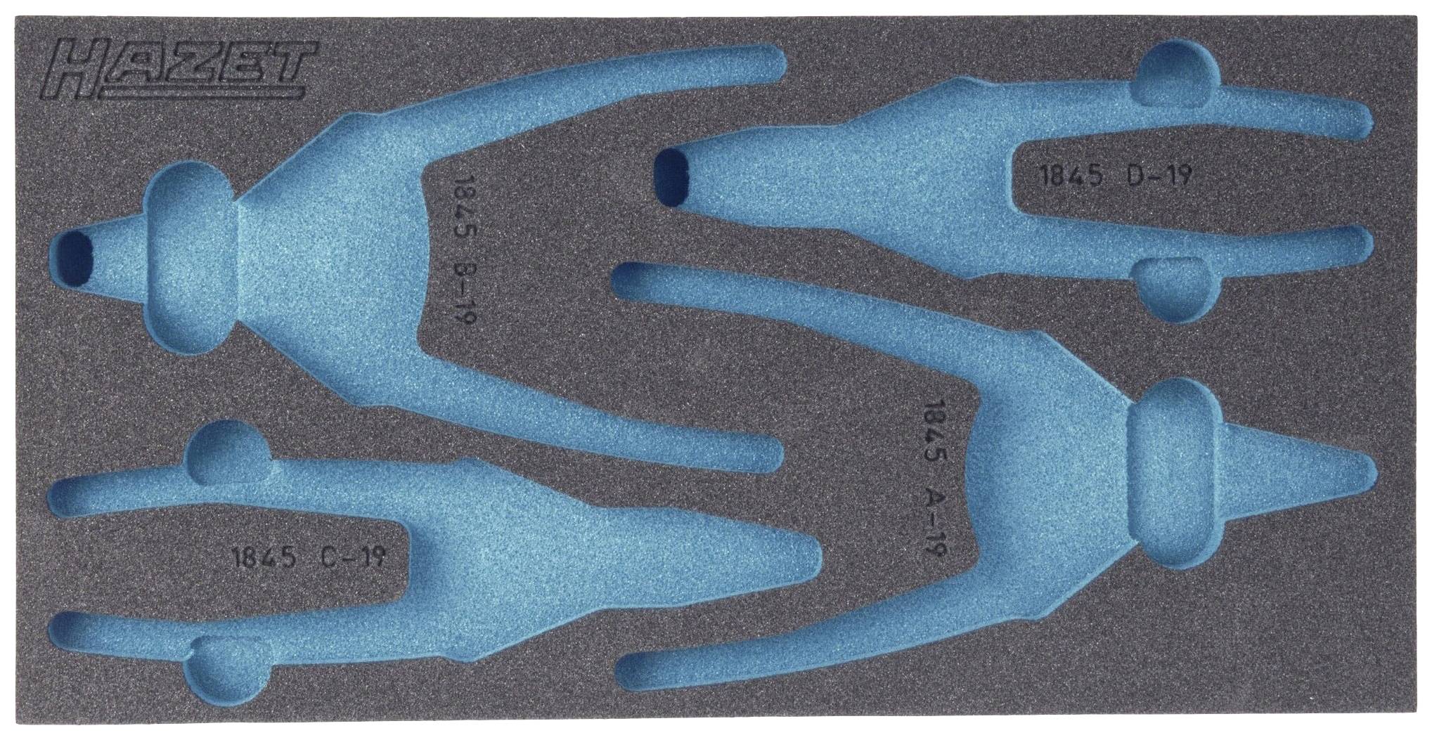 Foam insert with recesses for tools, blue material in grey tray, various numbers for tool identification.