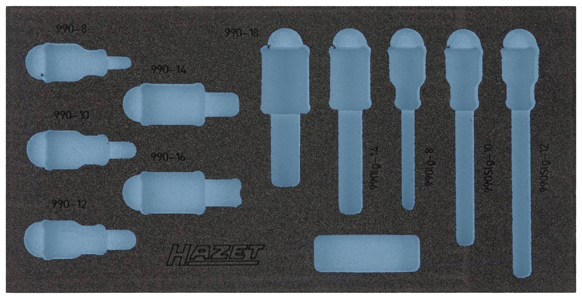 Foam insert with blue recesses for tools of various sizes, compatible with Hazet tool set.