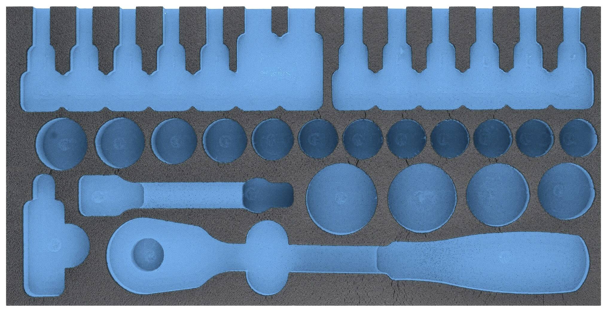 Toolbox insert with blue recesses, suitable for screwdrivers and socket wrenches, set within a rectangular foam frame.