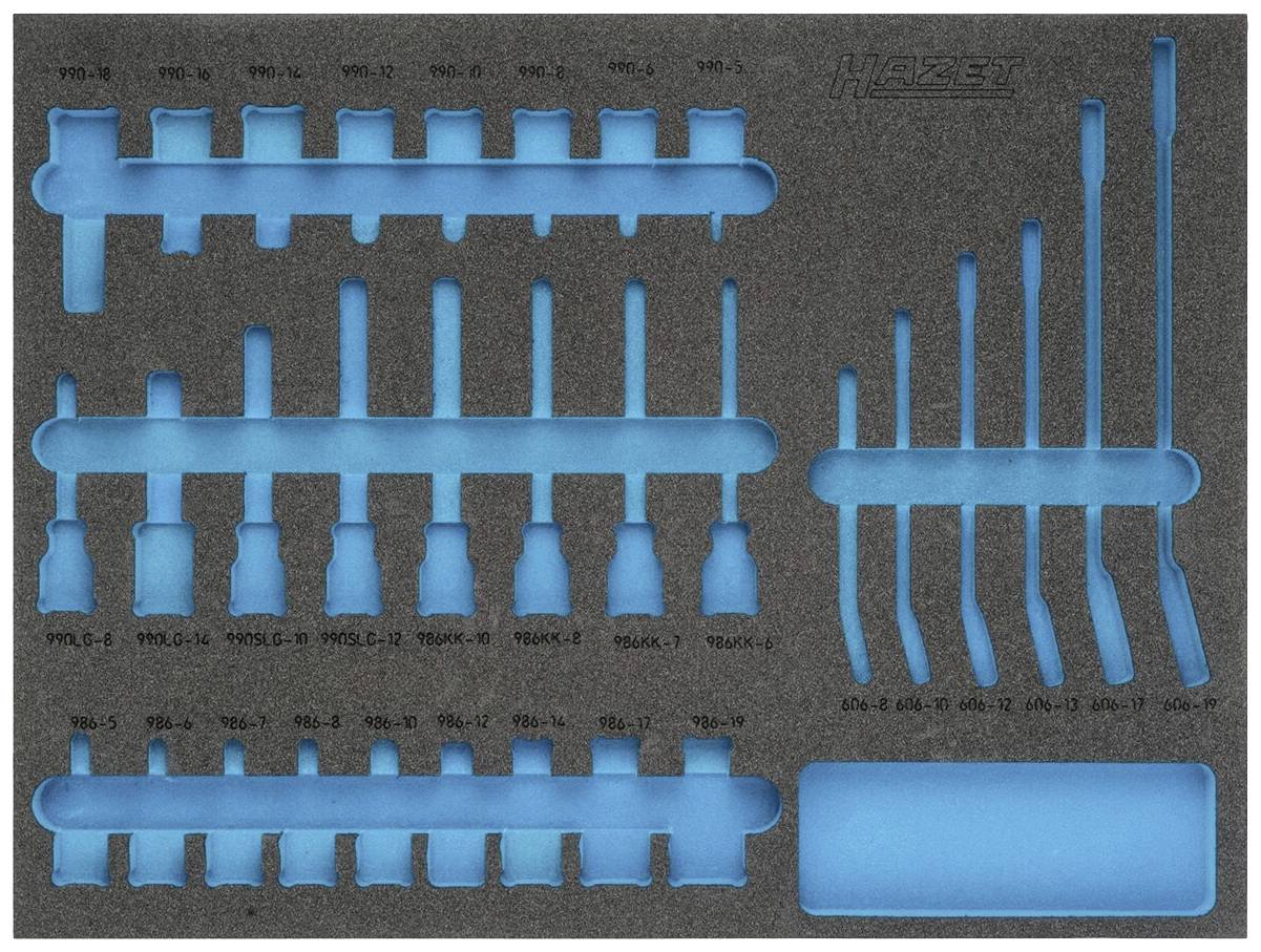 A tool case with foam lining, offering various compartments for tools such as socket wrenches and screwdrivers.