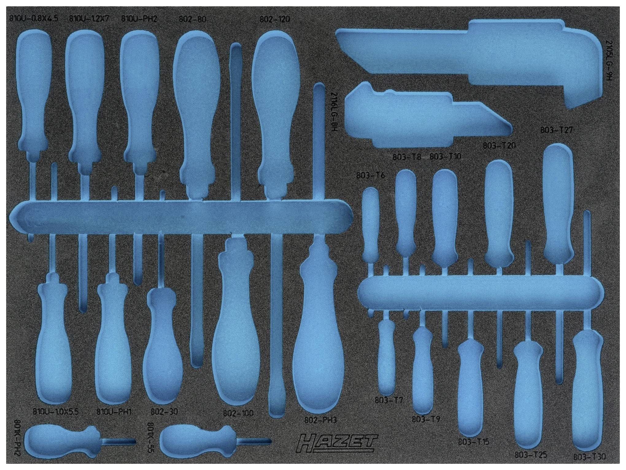 Tool insert with recesses for various screwdrivers and tools, blue on a black background.