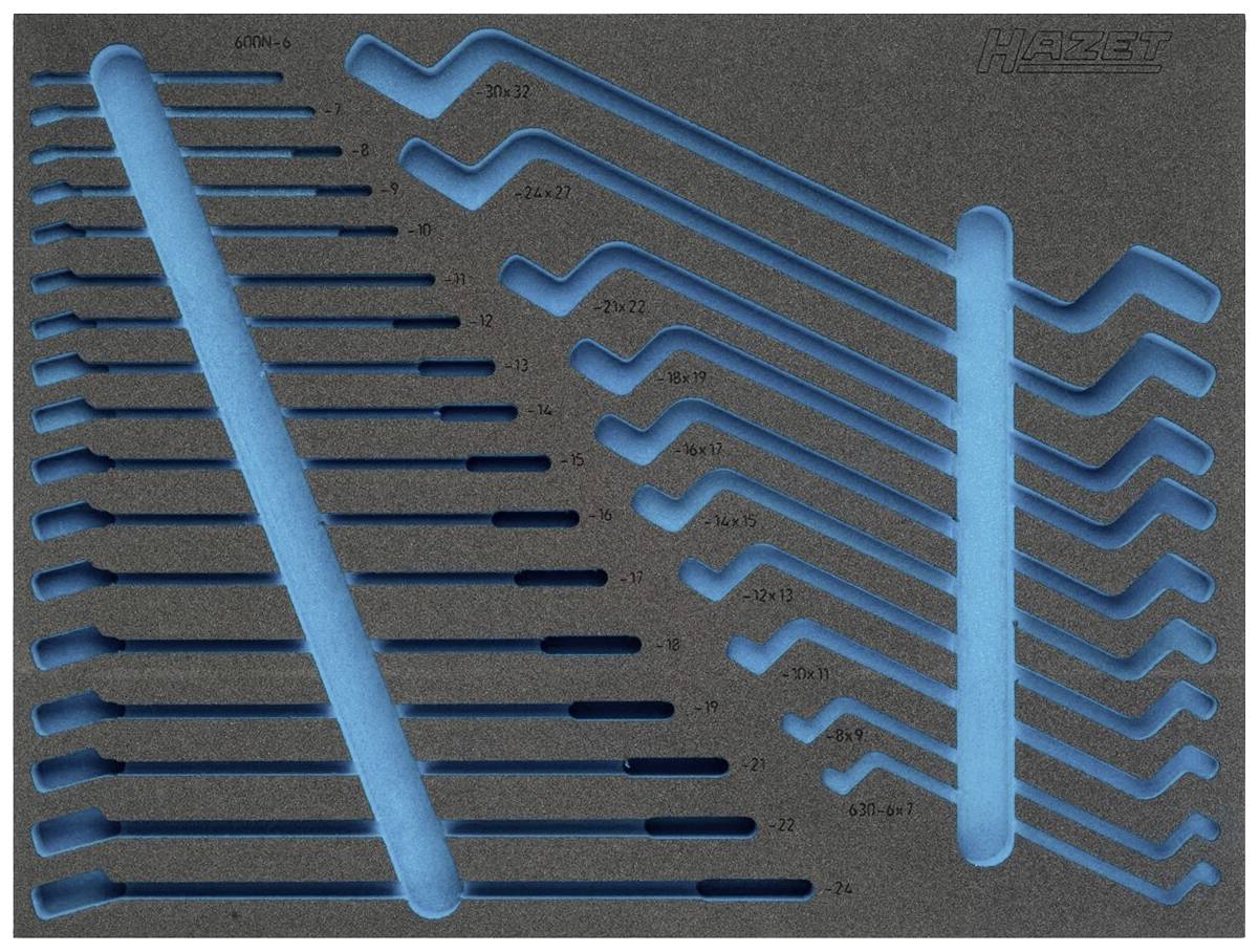 Foam insert with blue outlines for angle spanners. Slots for tools of varying sizes, with two rows offset on the right-hand side.