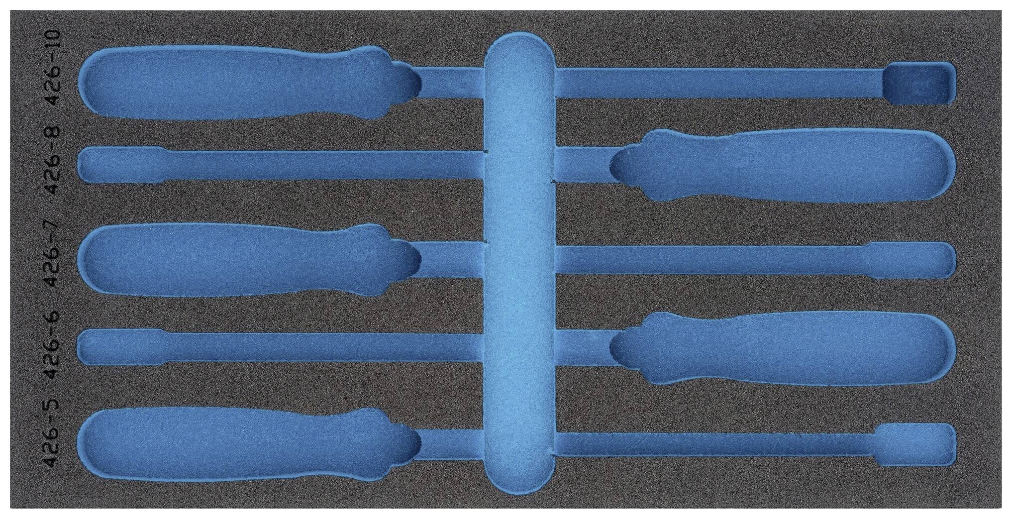 A set of screwdrivers in a foam insert, neatly arranged, with tool numbers printed vertically on the left side.