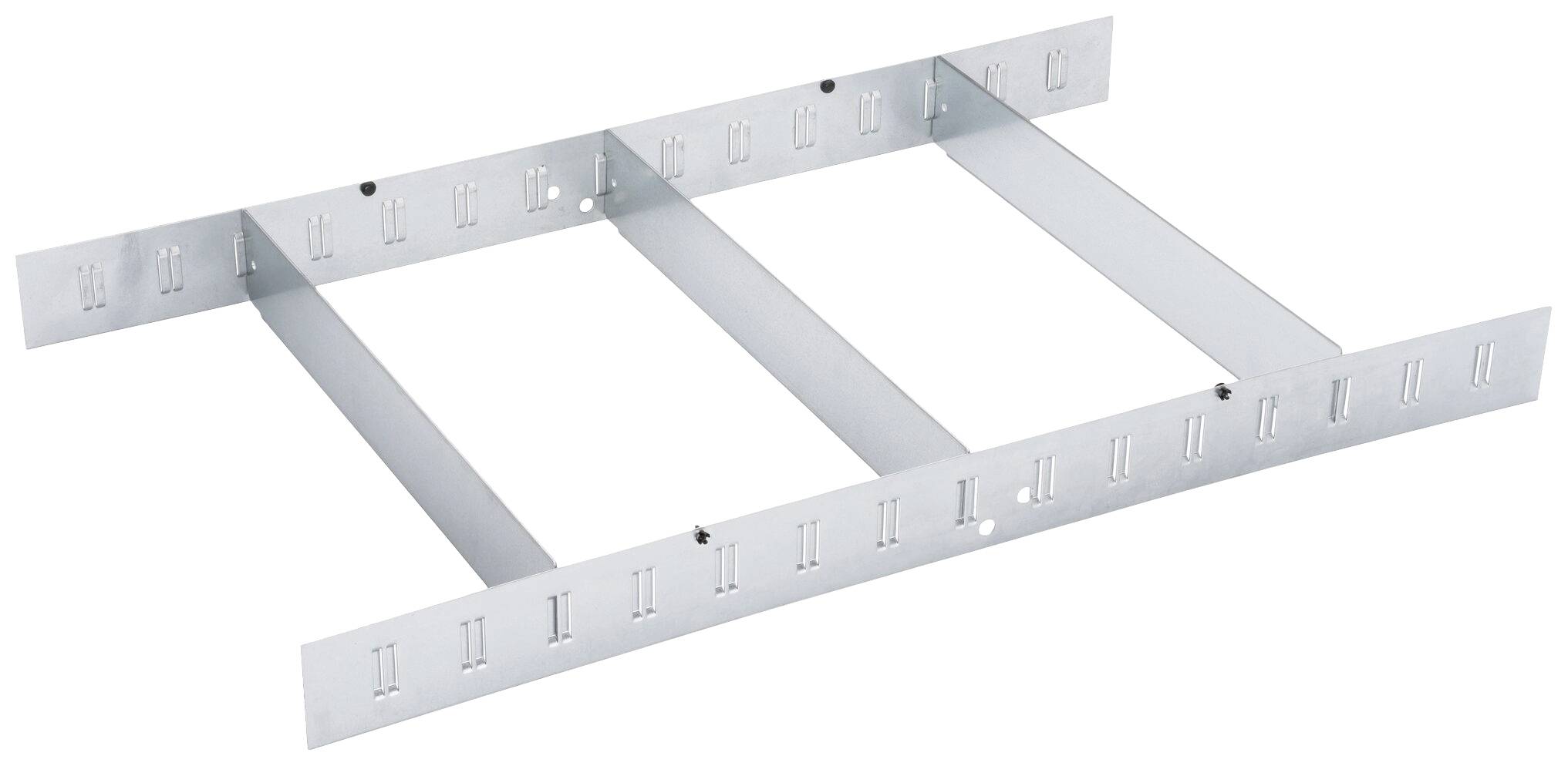 Metallic cable routing system with two long and several short struts, cable attachment holes visible.