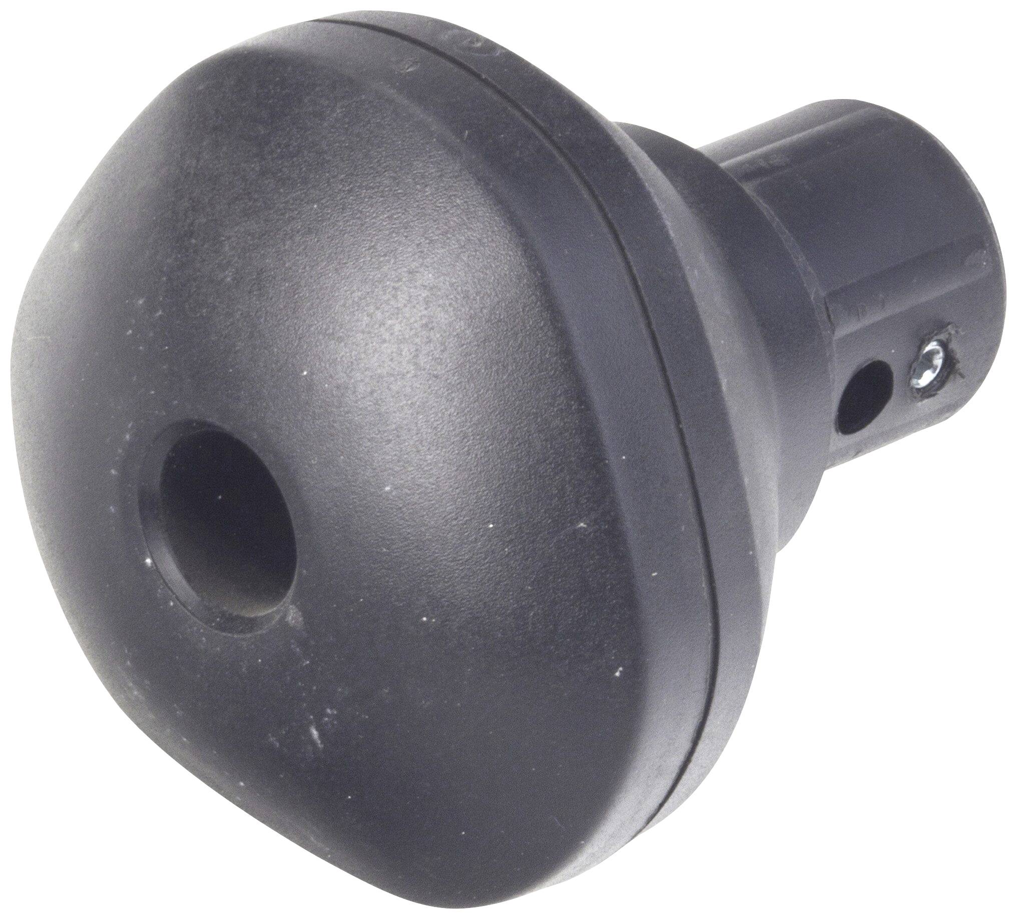 Black, round knob with a central hole, often used for operating devices or machines by turning.