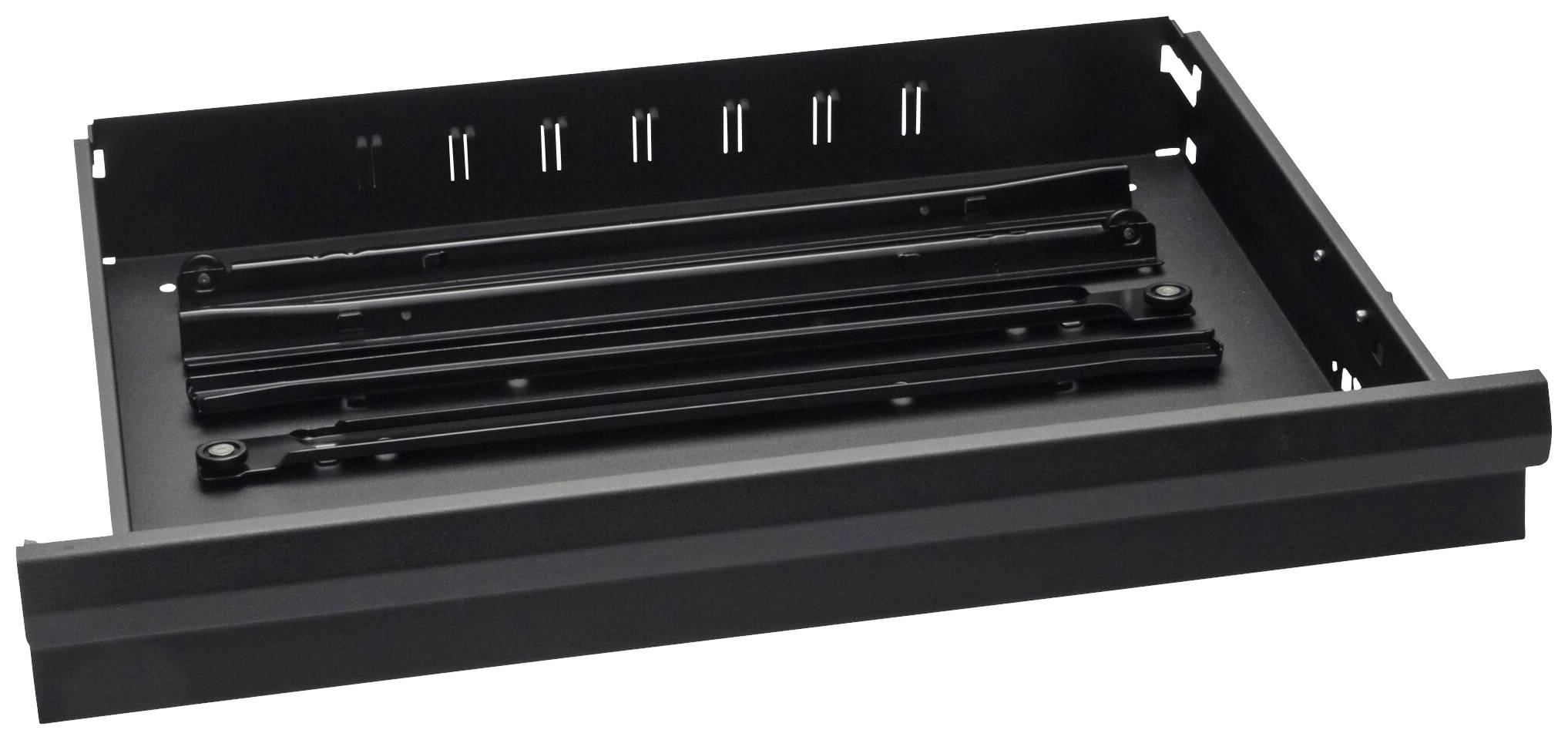 A black metal drawer for a cabinet or shelving unit, showing mounting rails. Designed for sturdy and easy access.