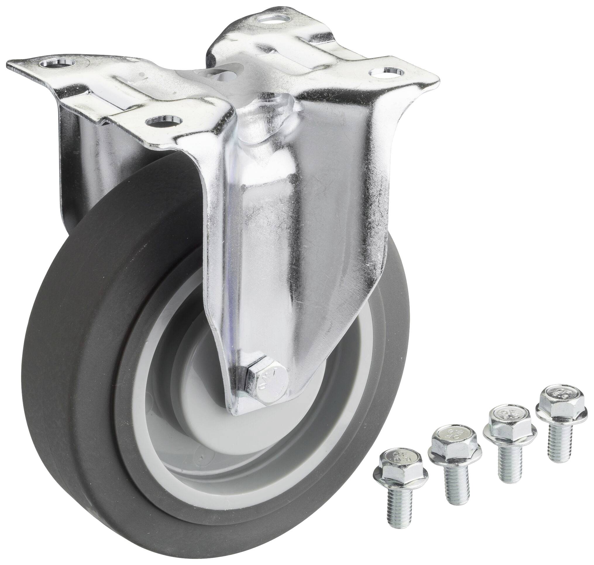 A metallic steering castor wheel with black rubber tyres, shown alongside four screws and nuts on a white background.