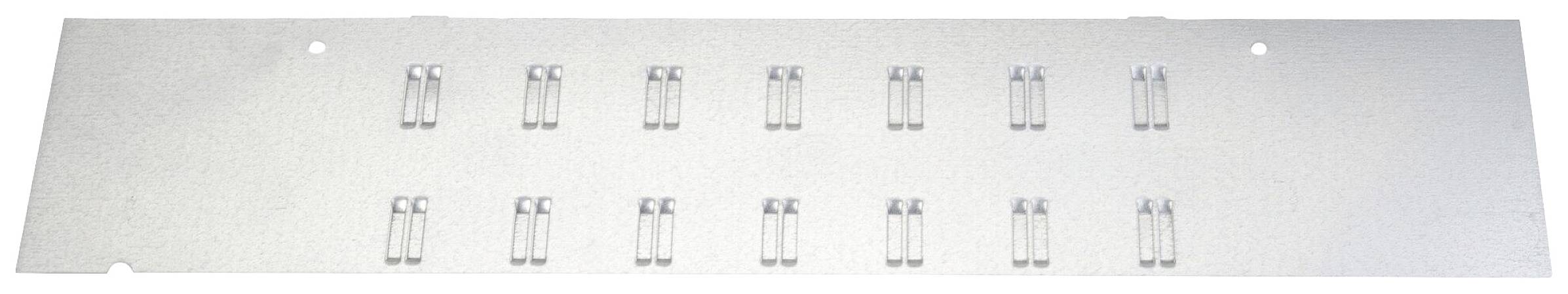 Metal plate with rectangular cut-outs in two rows.