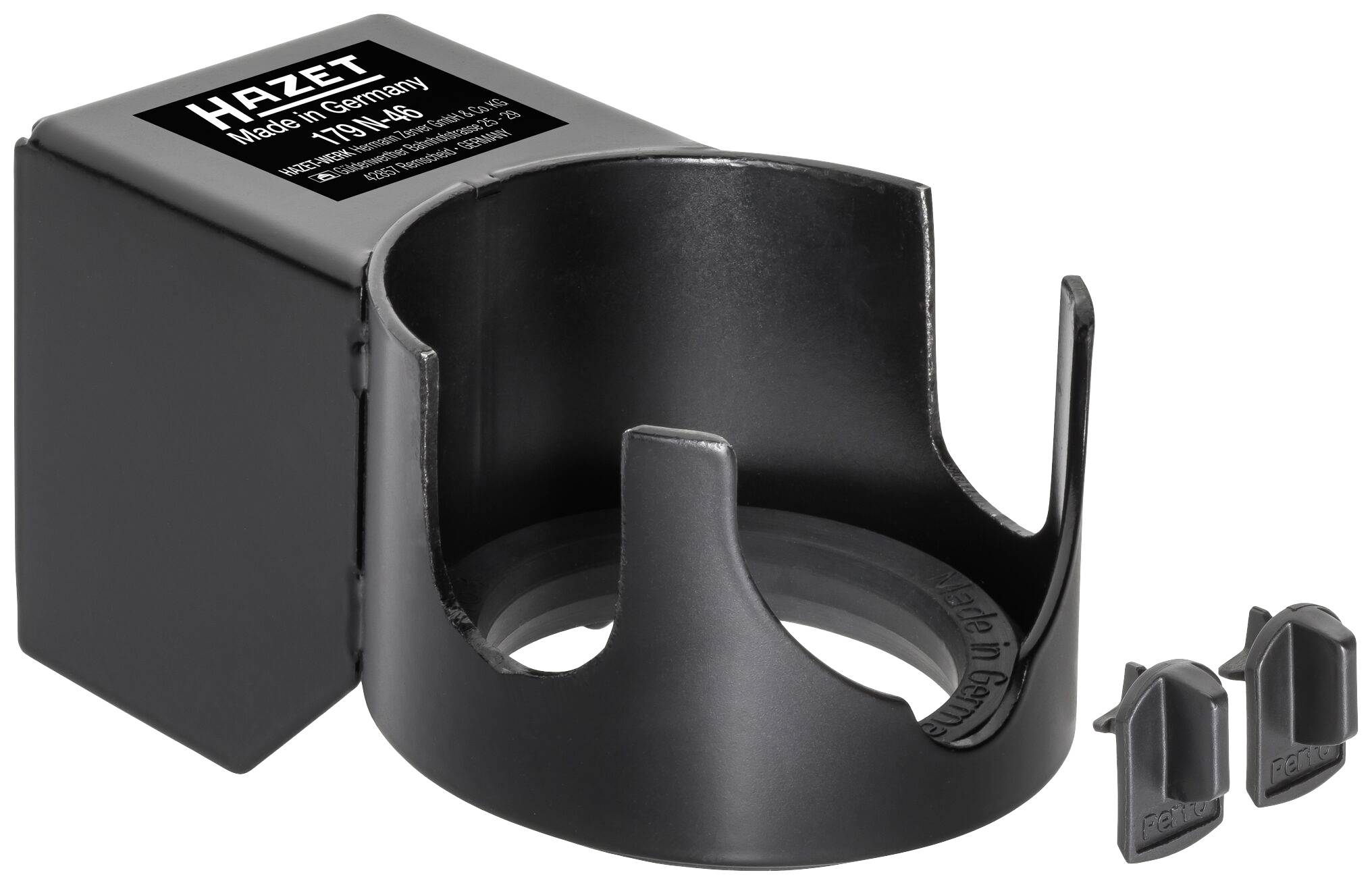 Black oil filter wrench by Hazet, model 179-145. Contains two plastic stoppers. Primarily used for vehicle maintenance.