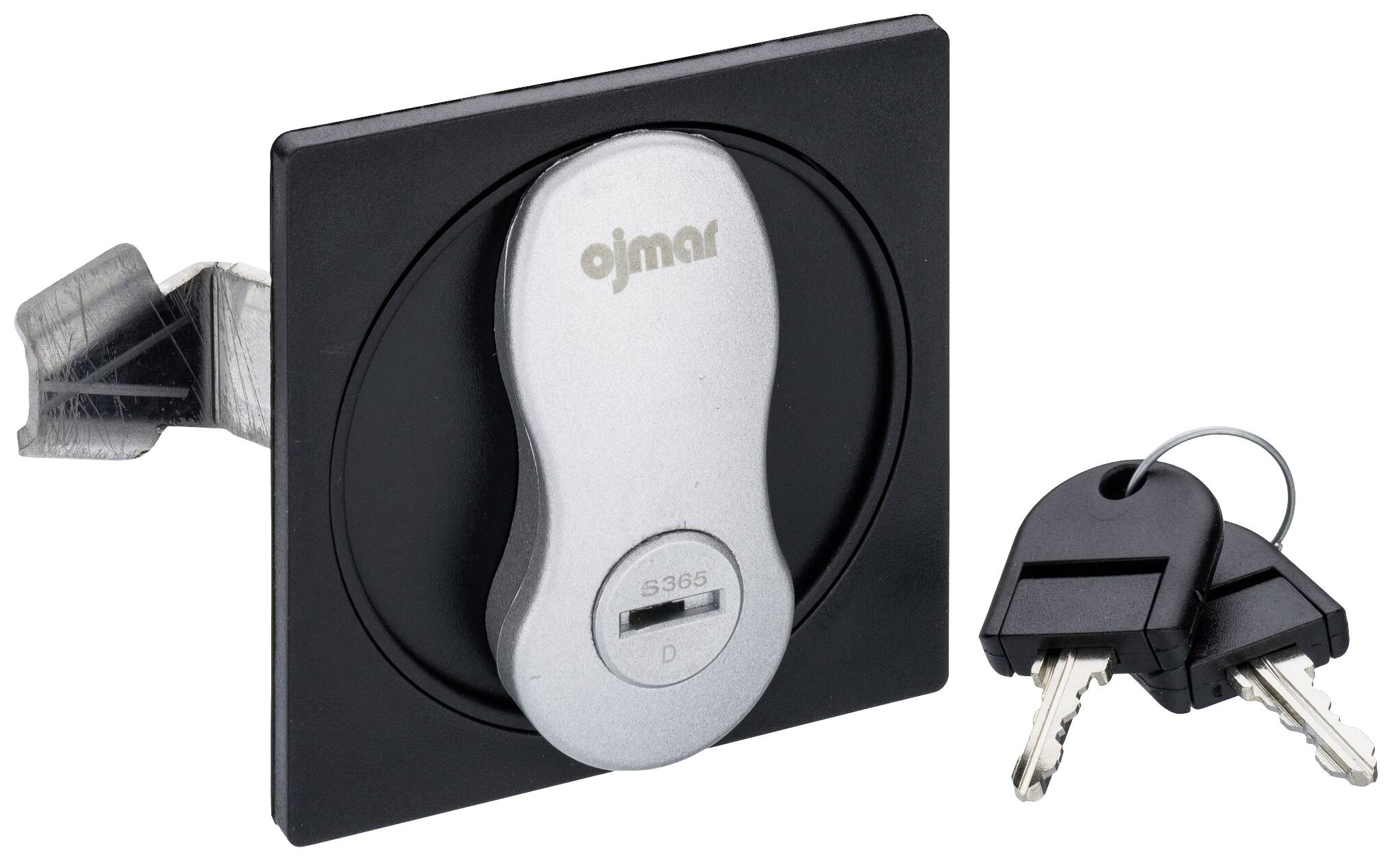 A black square key lock with two keys, showing the brand and serial number 'Ojmar 5356 D'.