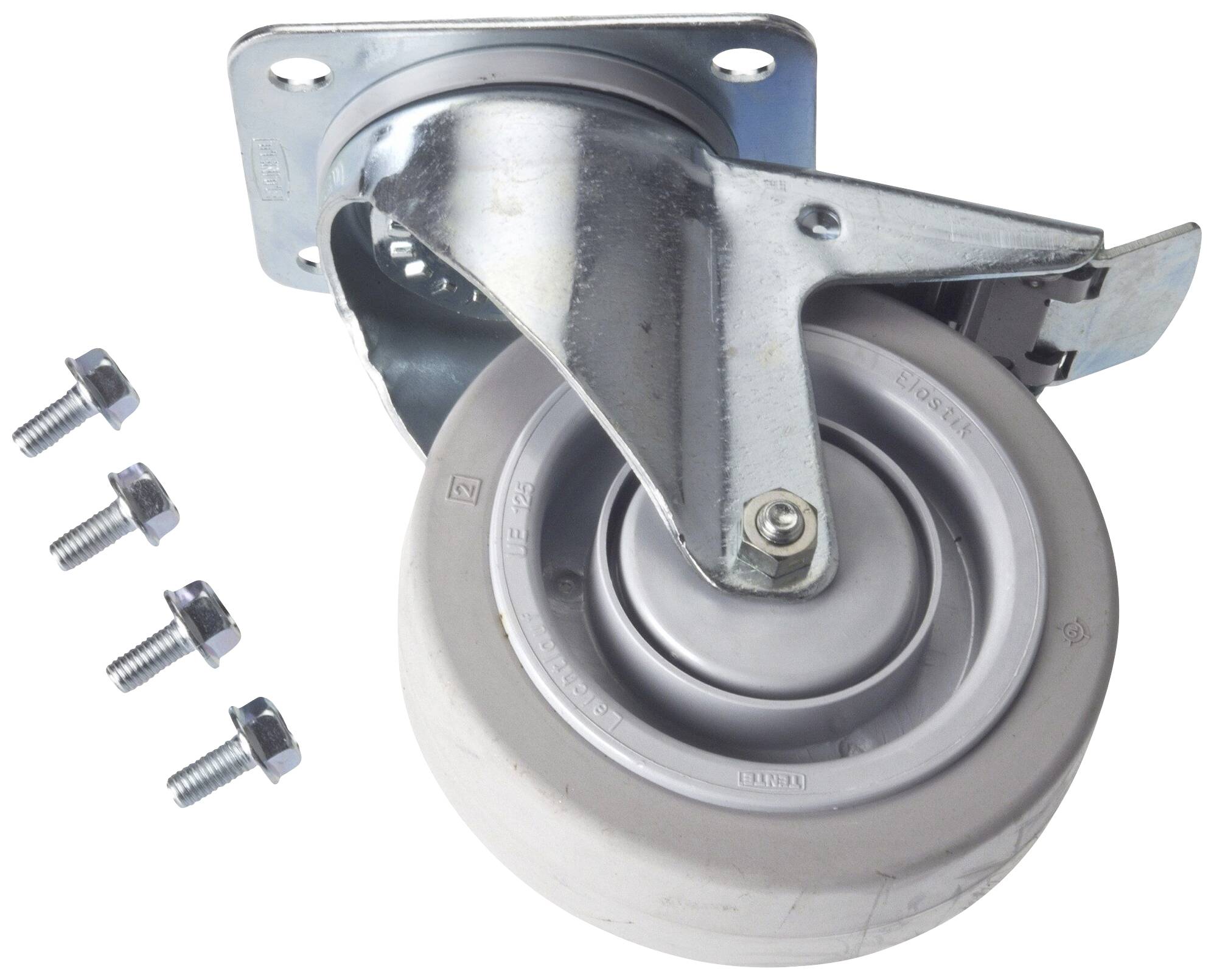 Metal swivel castor with grey rubber wheel and four screws. Suitable for furniture or equipment with wheel mounting.