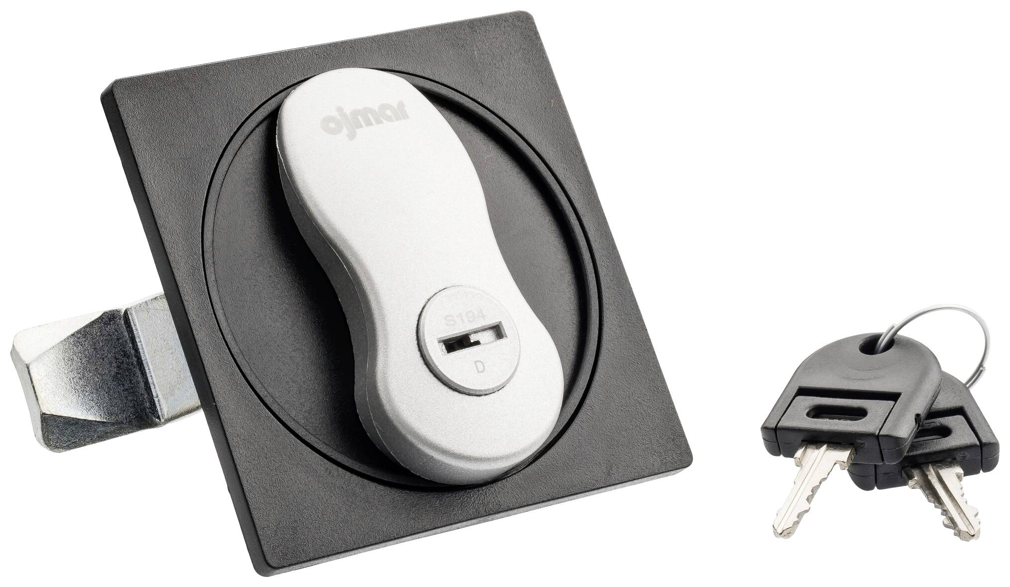 A lock with a turning handle and two keys beside it. The lock is black and silver and appears to be suitable for securing furniture.