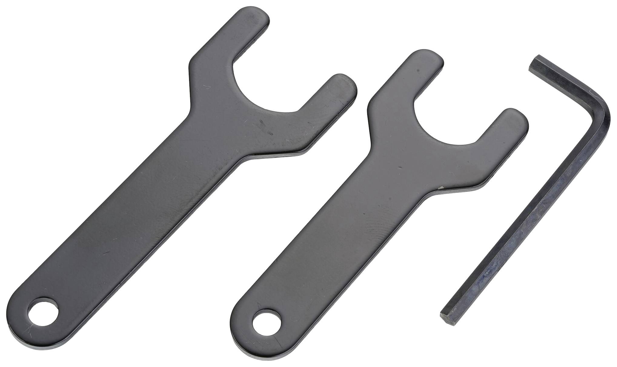 Two spanners and an Allen key on a white background. The tools are made of metal and are lying parallel to each other.