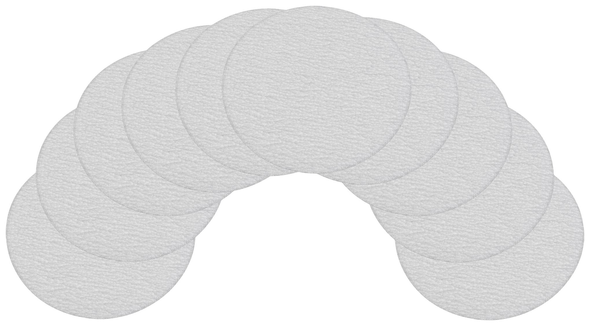 Ten grey, round discs are depicted overlapping in a semicircular arrangement.