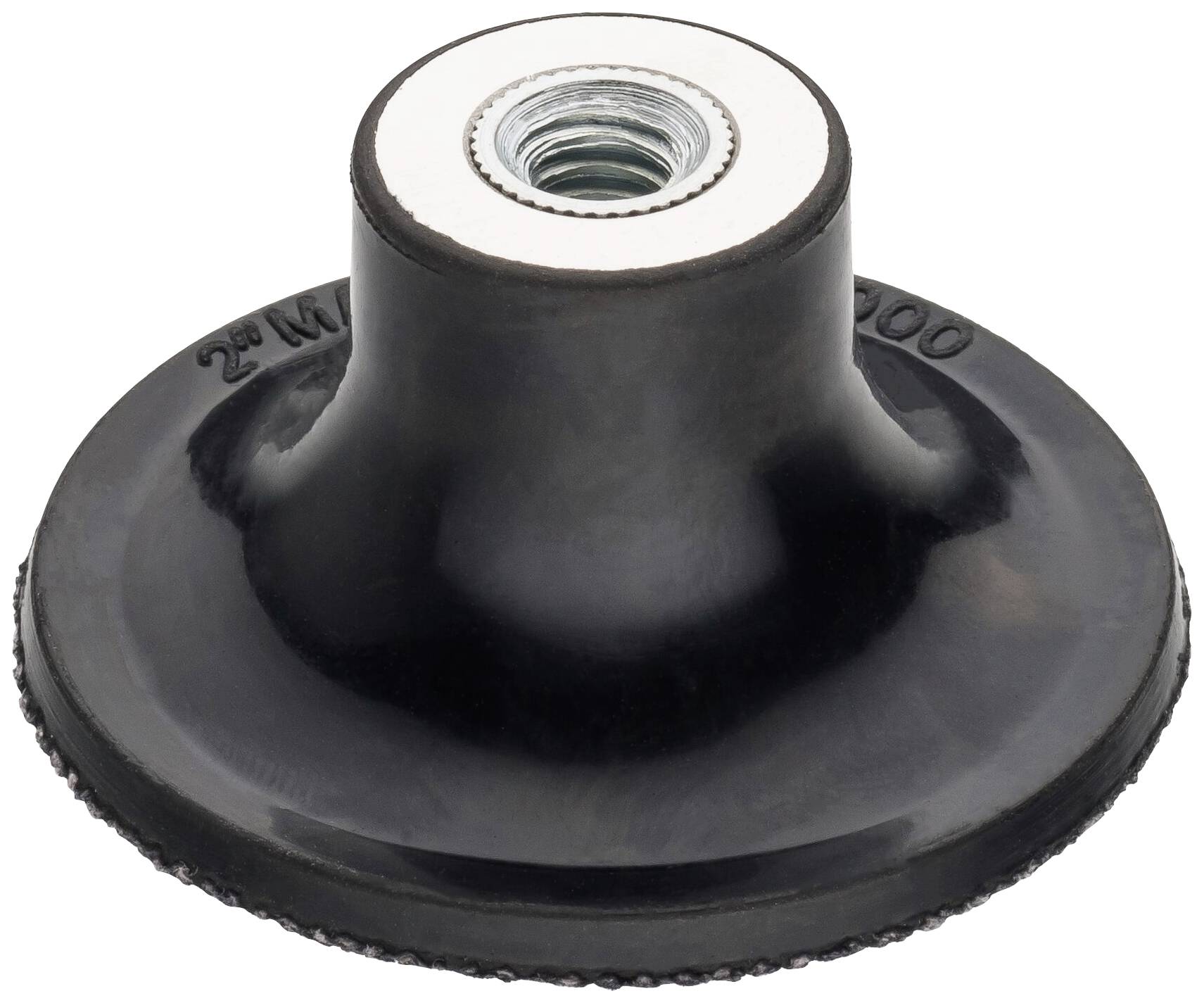 Black grinding disc with screw thread, suitable for grinding machines, against a white background.