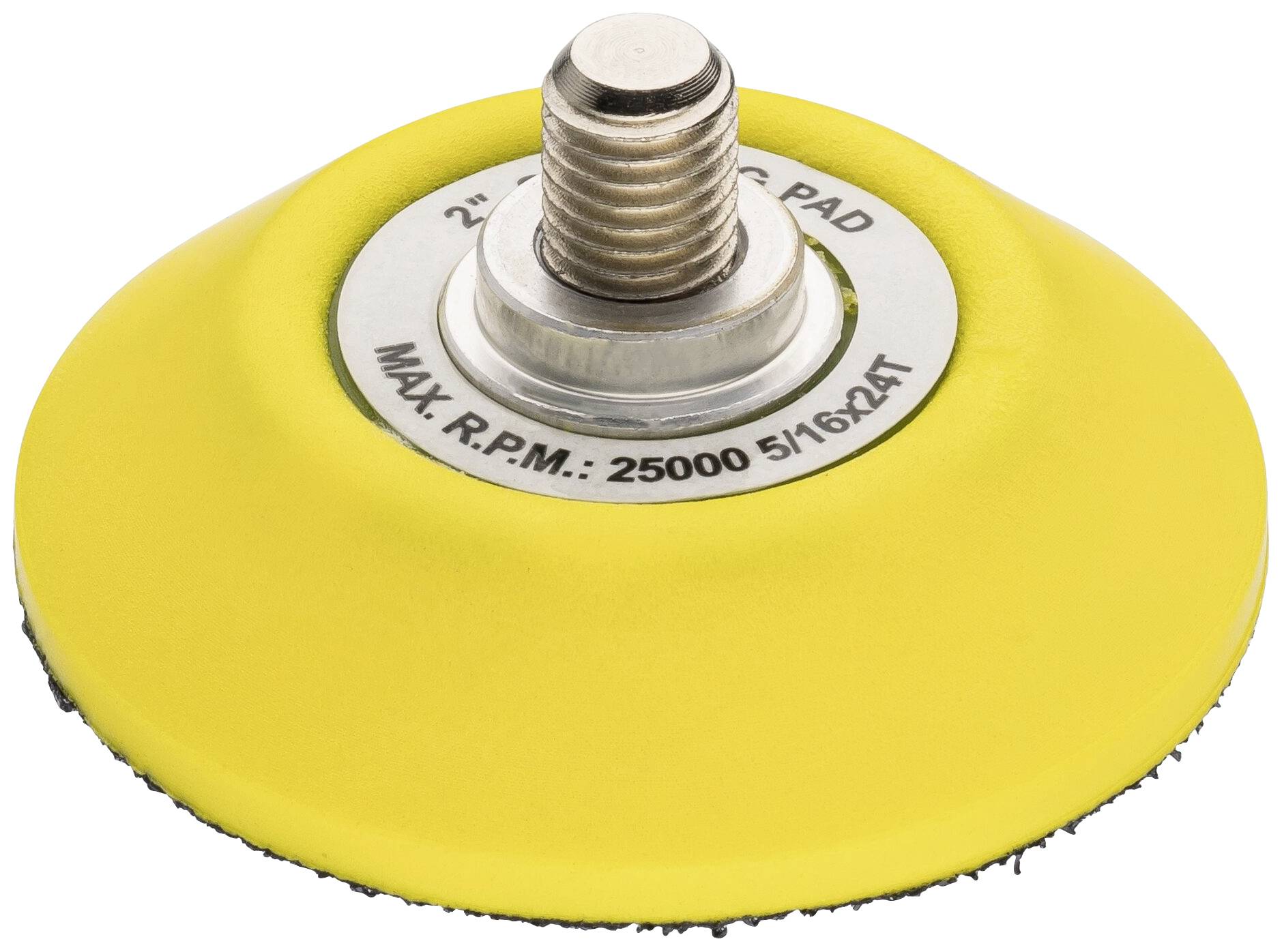 Yellow grinding disc with metal thread in the centre, inscription: 'MAX. R.P.M.: 25000 5/16-24T'. Suitable for grinding machines.