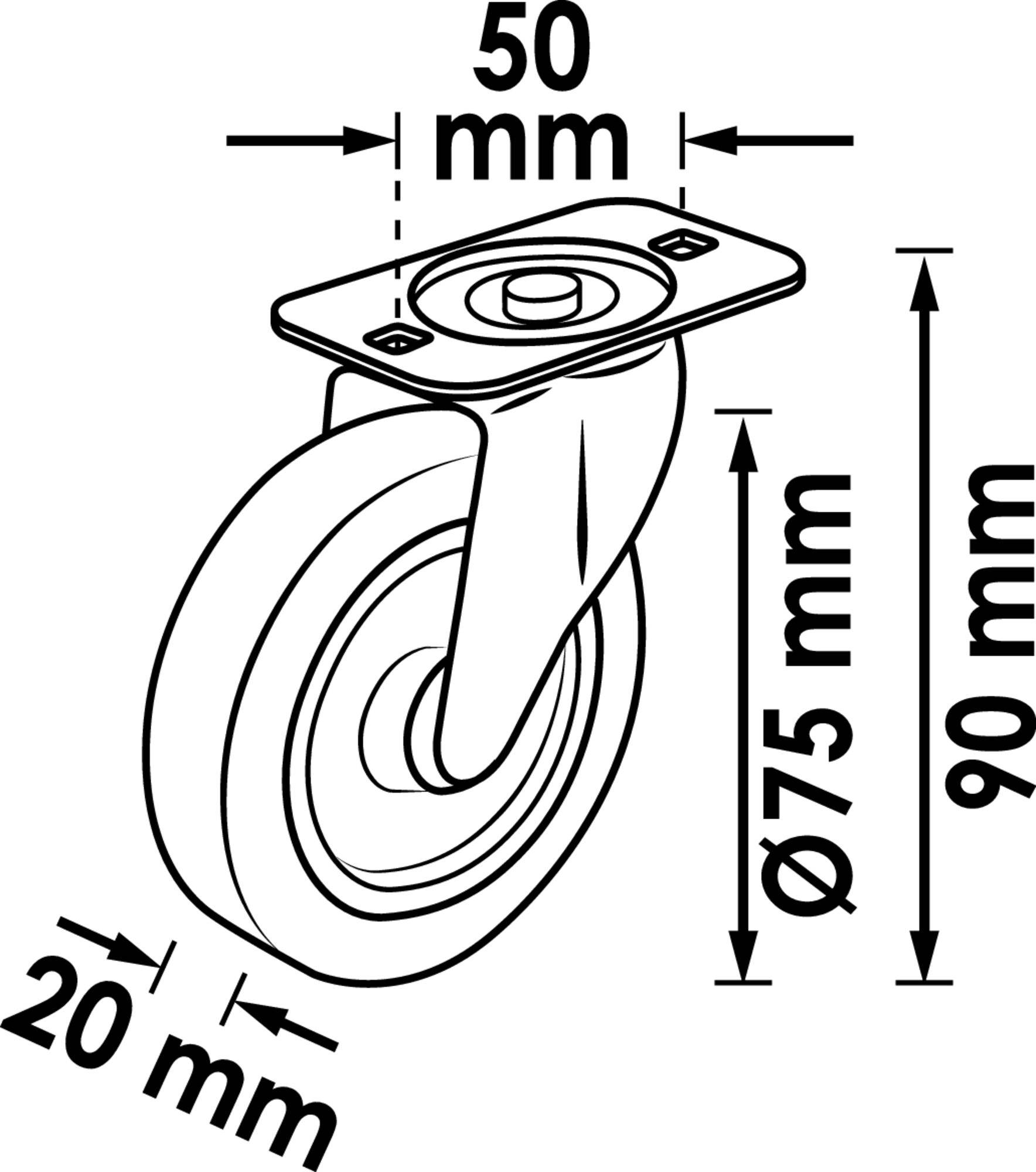 Sketch of a steering castor wheel with dimensions: 50 mm mounting plate, 75 mm wheel diameter, 90 mm total height, 20 mm width.