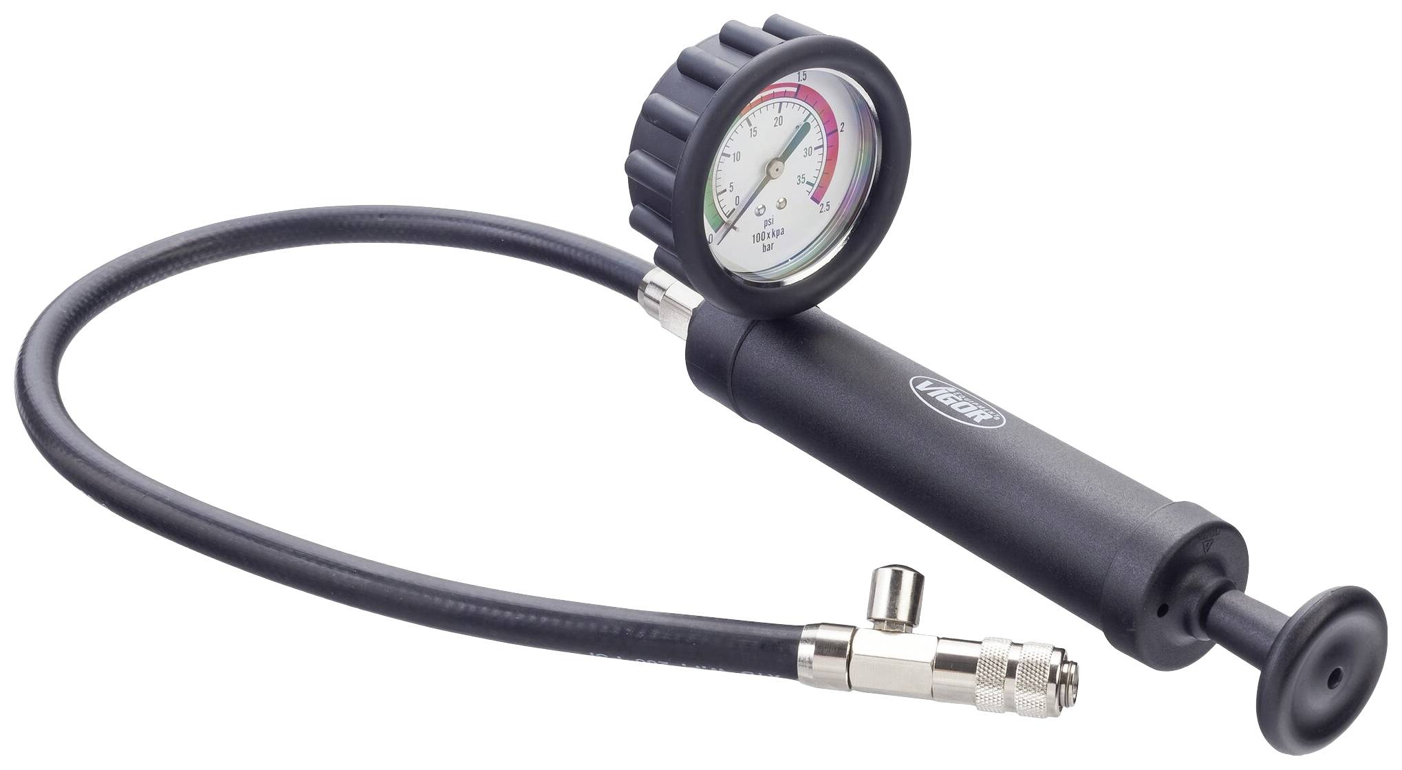 Manometer with black tube and pump handle, for pressure measurement. The measurement range is colour-coded.