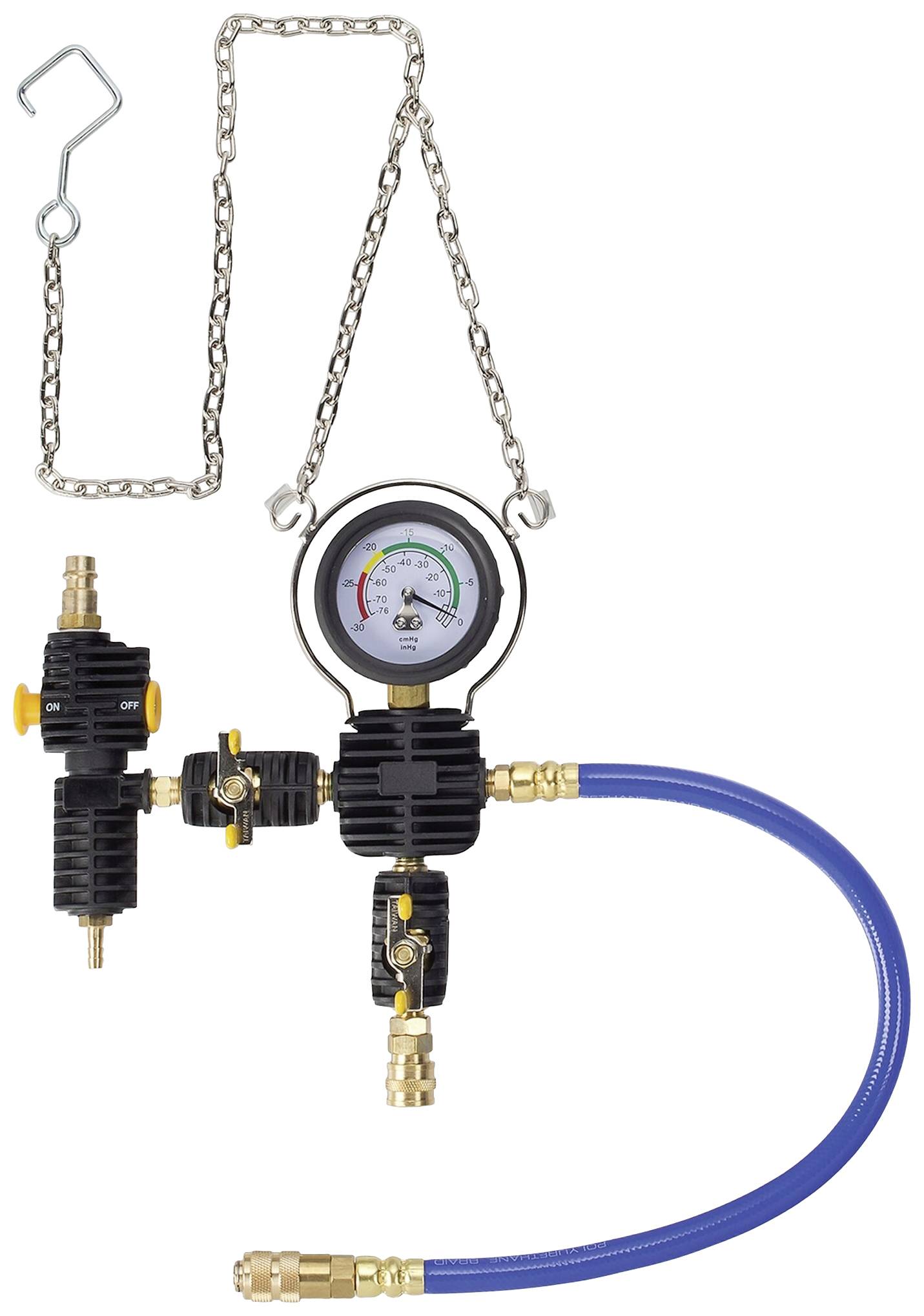 A pressure measuring device with a manometer and tube, hanging from a metal chain. It displays pressure in various units.