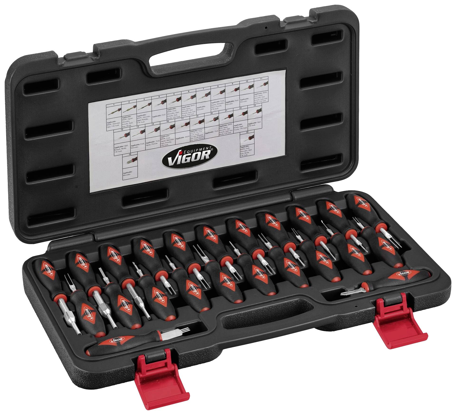 An open plastic case containing 21 red screwdrivers in various sizes. A label is attached to the inside of the lid.