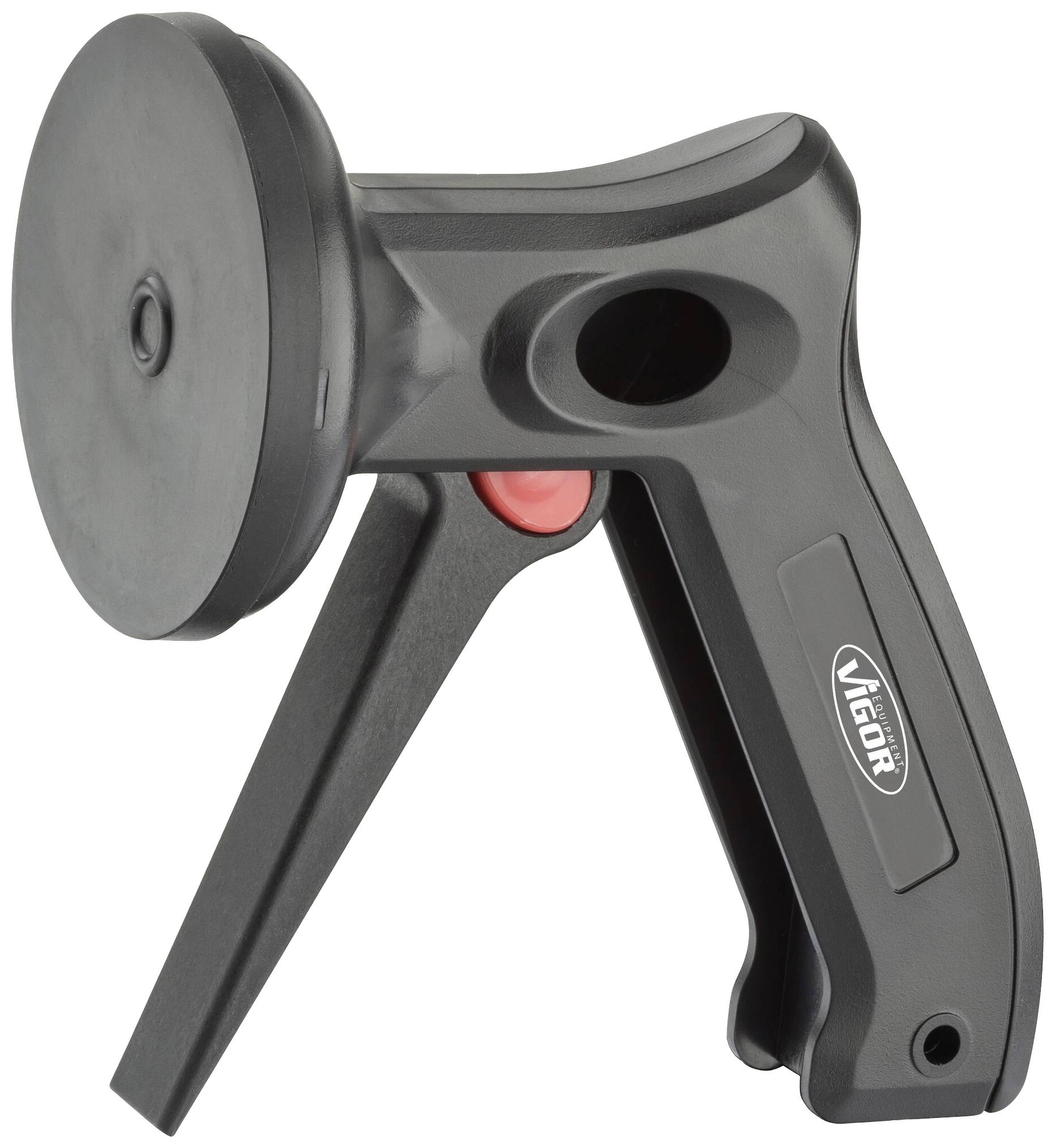 Black handle with a large, round suction cup on the top, possibly a tool for assembly work.