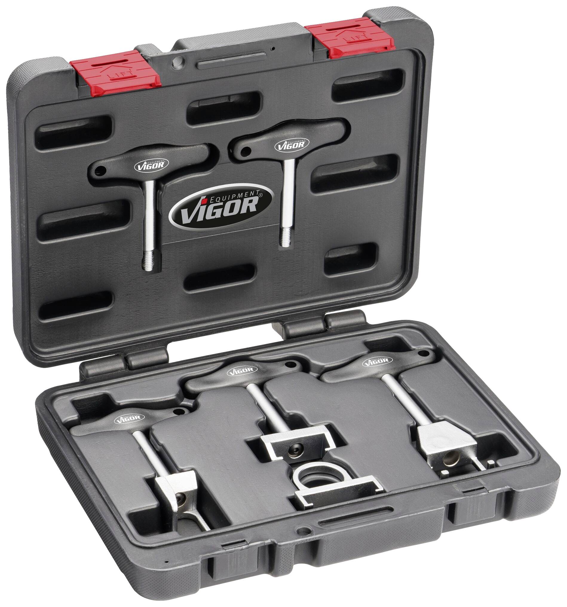 Open black Vigor toolbox with specialised socket wrenches and holders, designed for precise car maintenance.