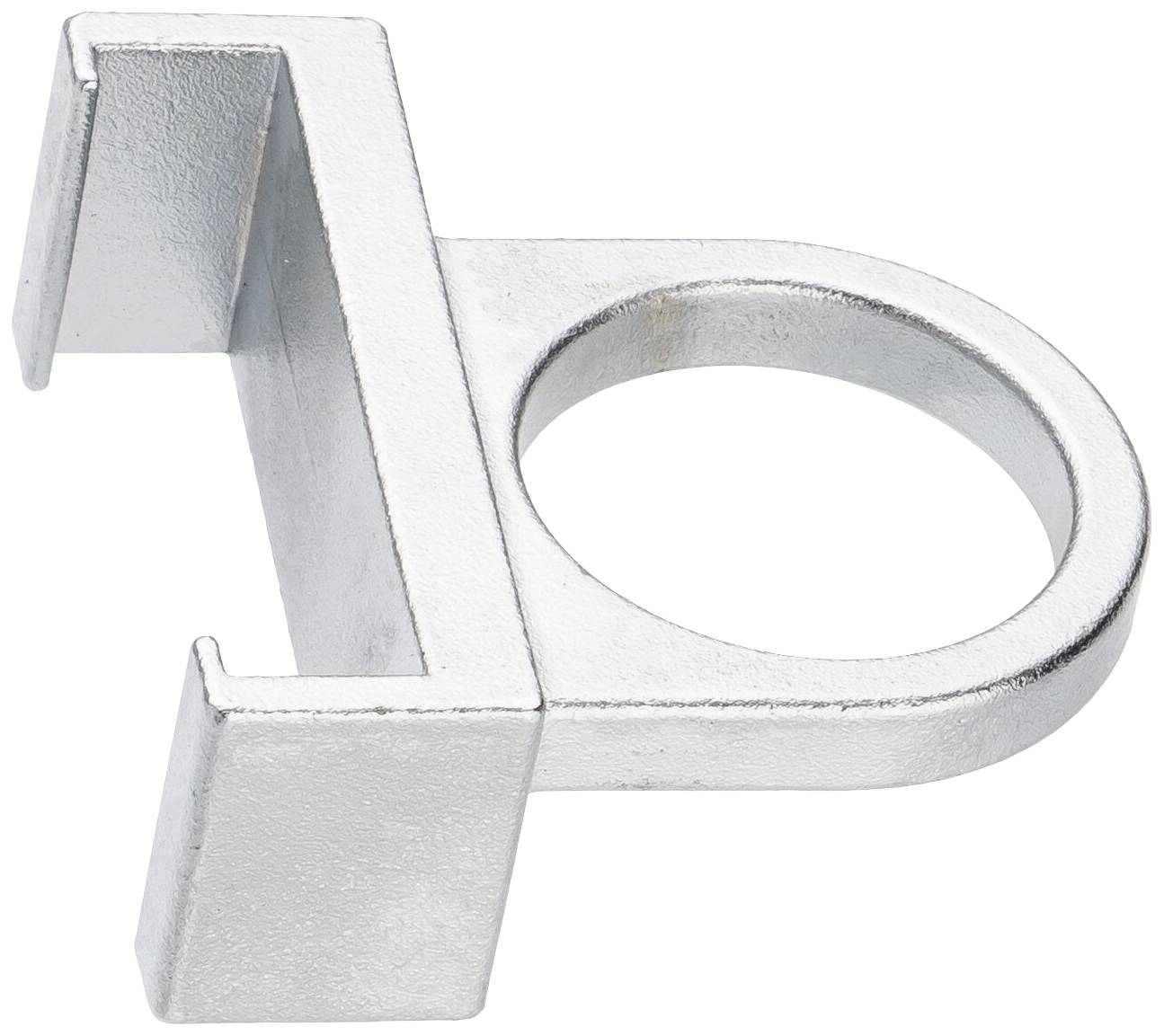 A metallic holder with a circular cut-out and two angled ends, likely for securing or mounting purposes.