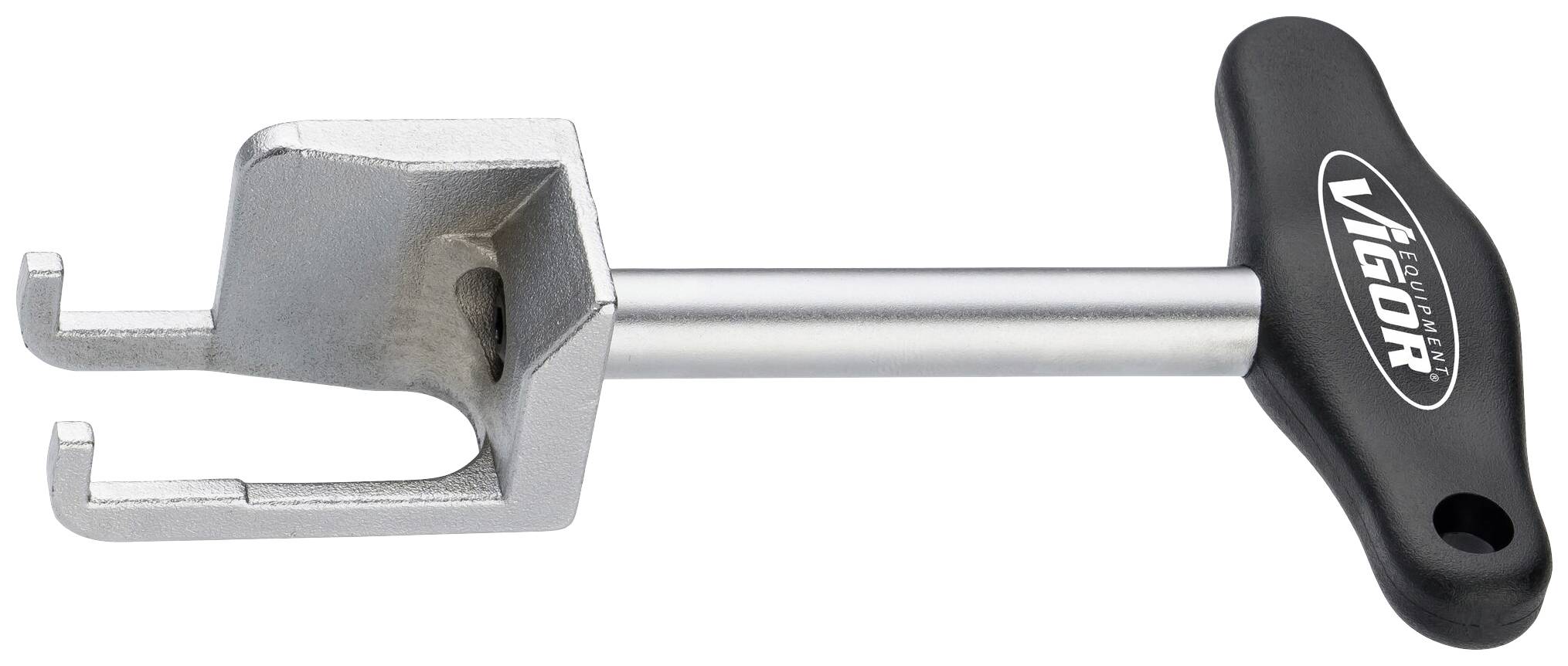 A metallic tool with a T-shaped handle and two open ends used for technical applications and repairs.