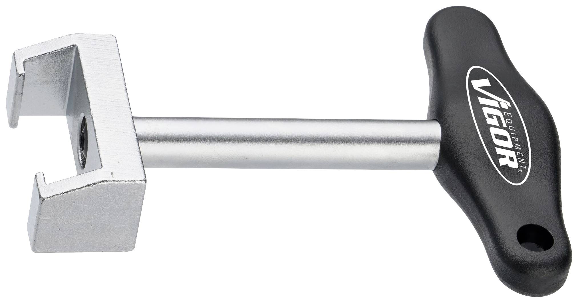 A hand tool with an adjustable metal head and a black, T-shaped handle featuring the 'VIGOR' logo, used for tightening or loosening.
