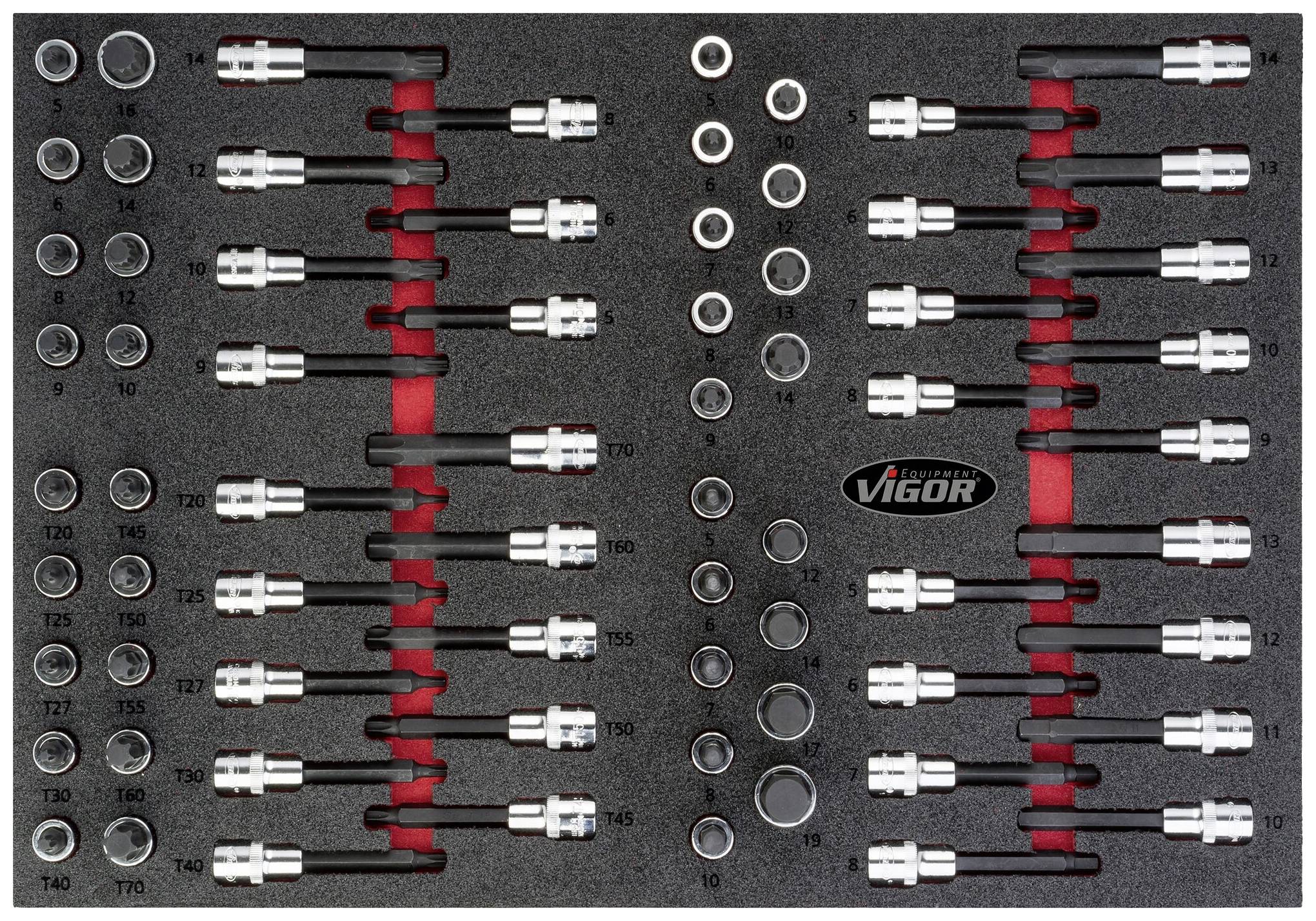 Foam insert with various plugs and bits, arranged by size; each row shows increasing sizes from left to right.