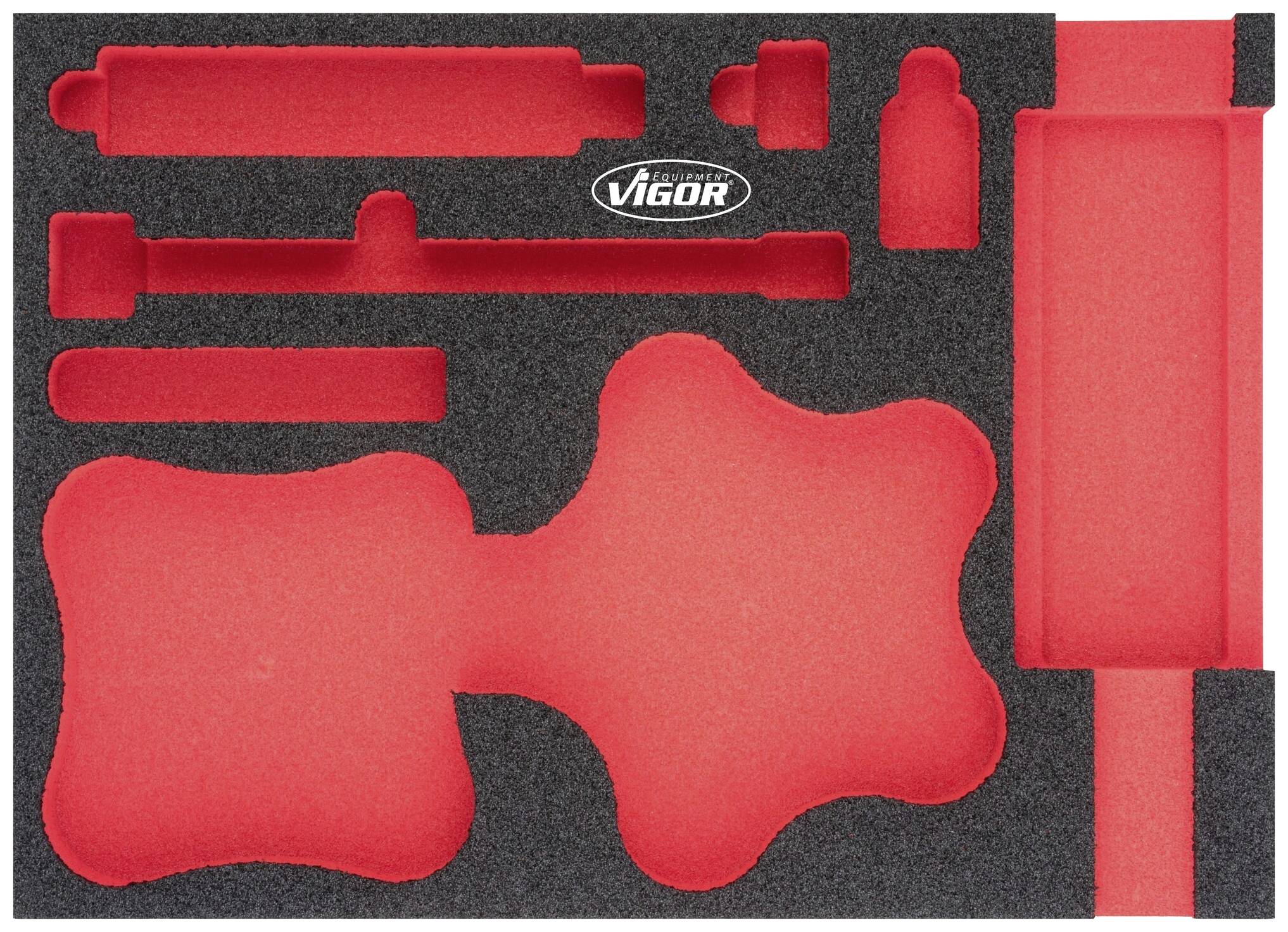 Black foam insert with red cutouts for tools, including a cutout with the 'Vigor' logo in the centre.
