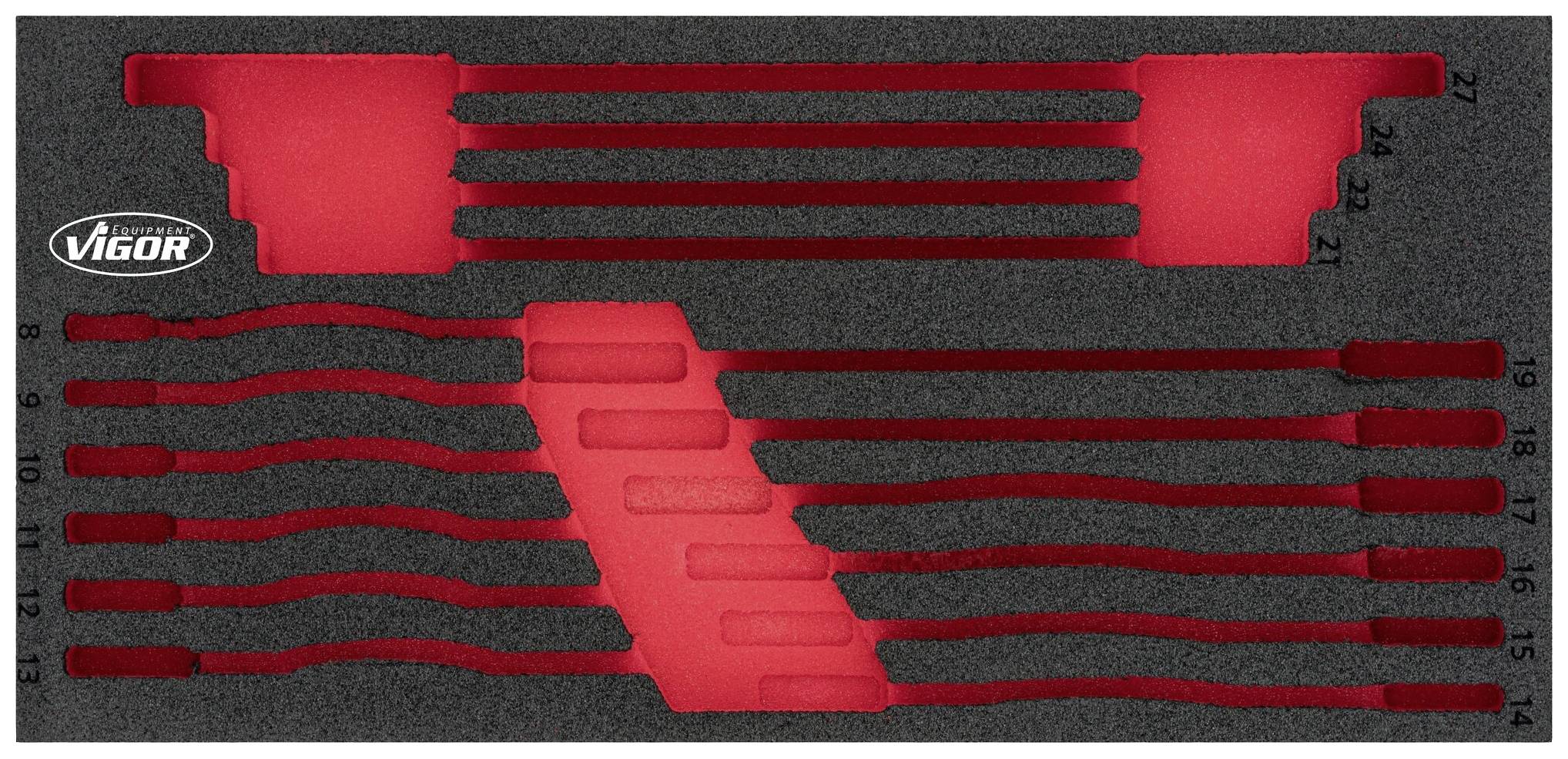 Red and black foam insert with slots for 17 tools; numbered from 6 to 27 on the left side, and from 8 to 19 on the right side.