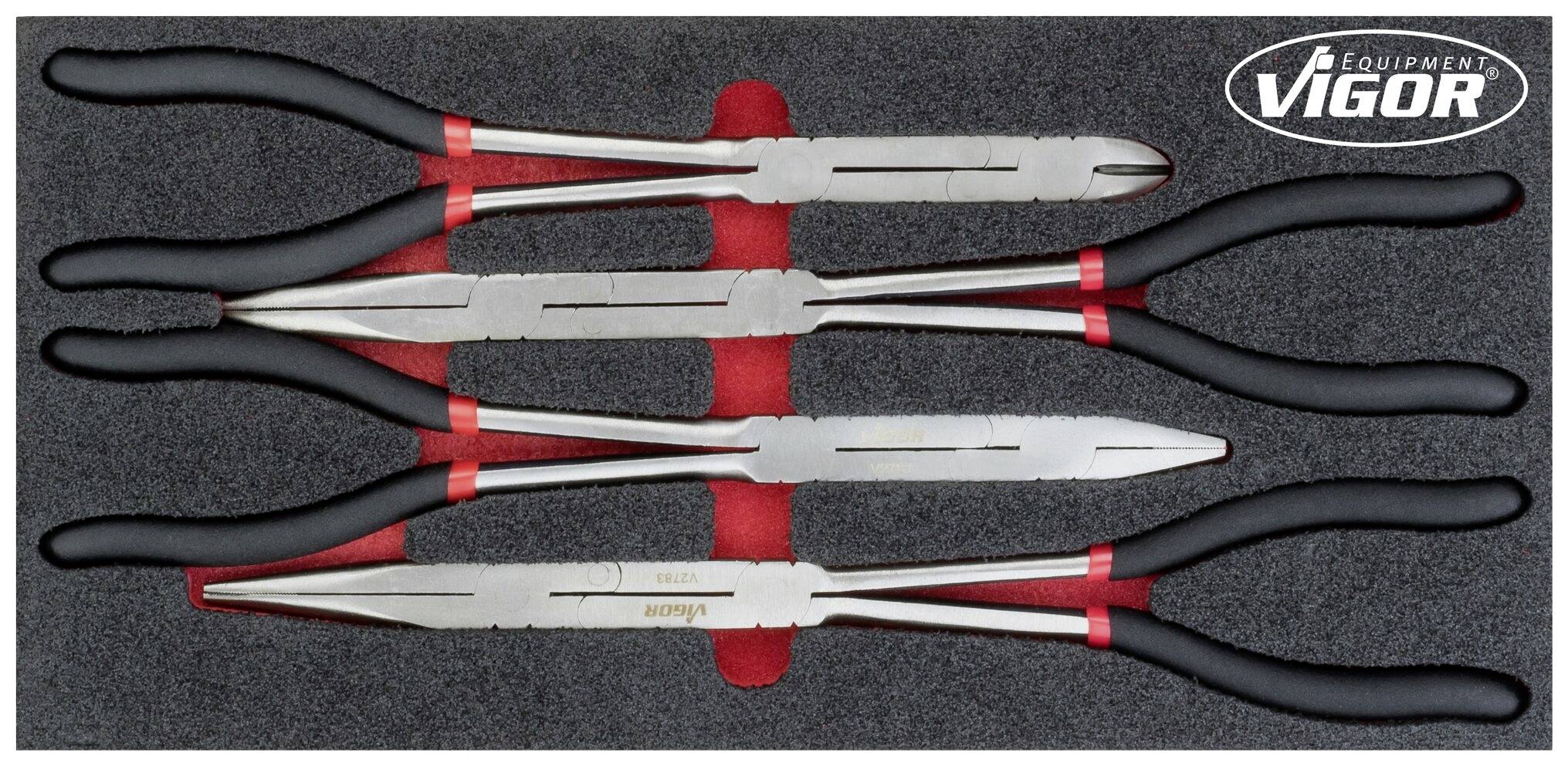 Four tongs with black handles, arranged in a foam insert, with the 'Vigor Equipment' logo in the top right corner.