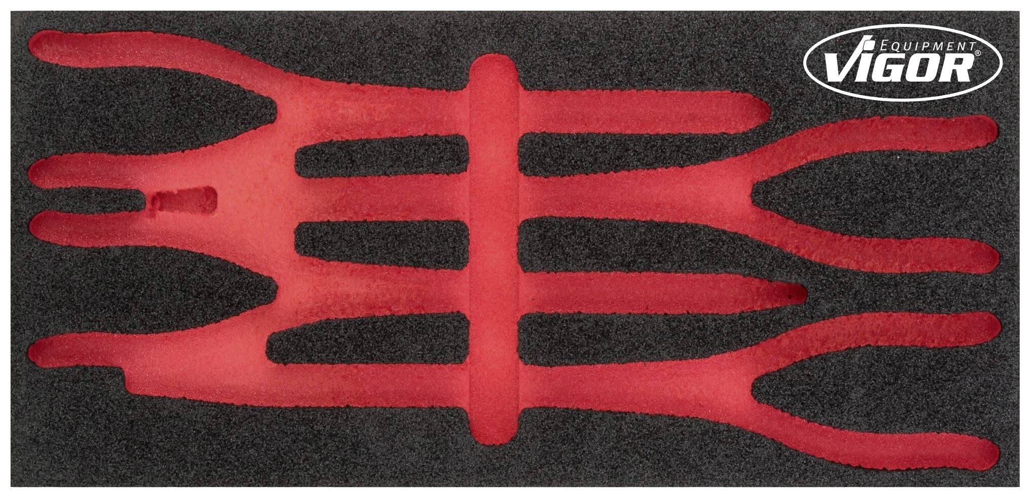 A red foam insert with multiple tool compartments, placed on a black background. 'Vigor' brand logo positioned in the top right corner.