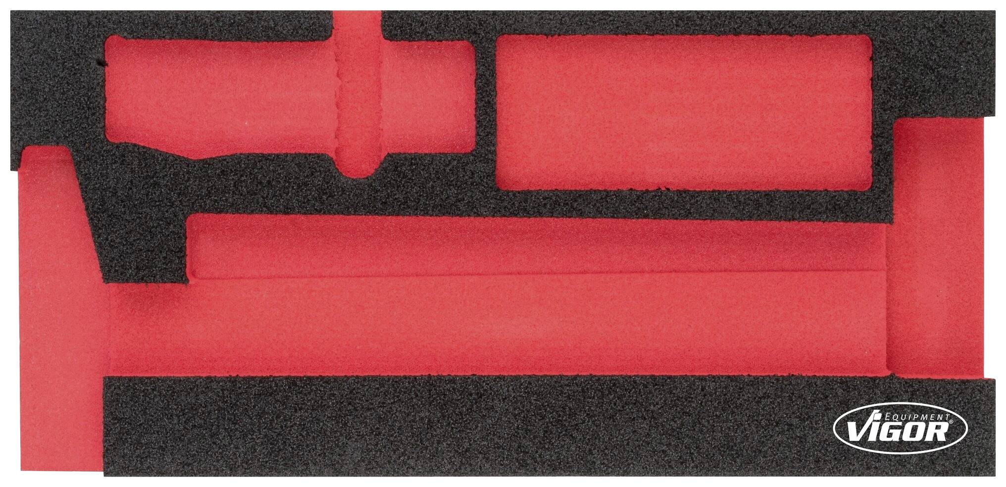 Red and black foam insert for securely storing tools. Brand logo in the bottom right corner.
