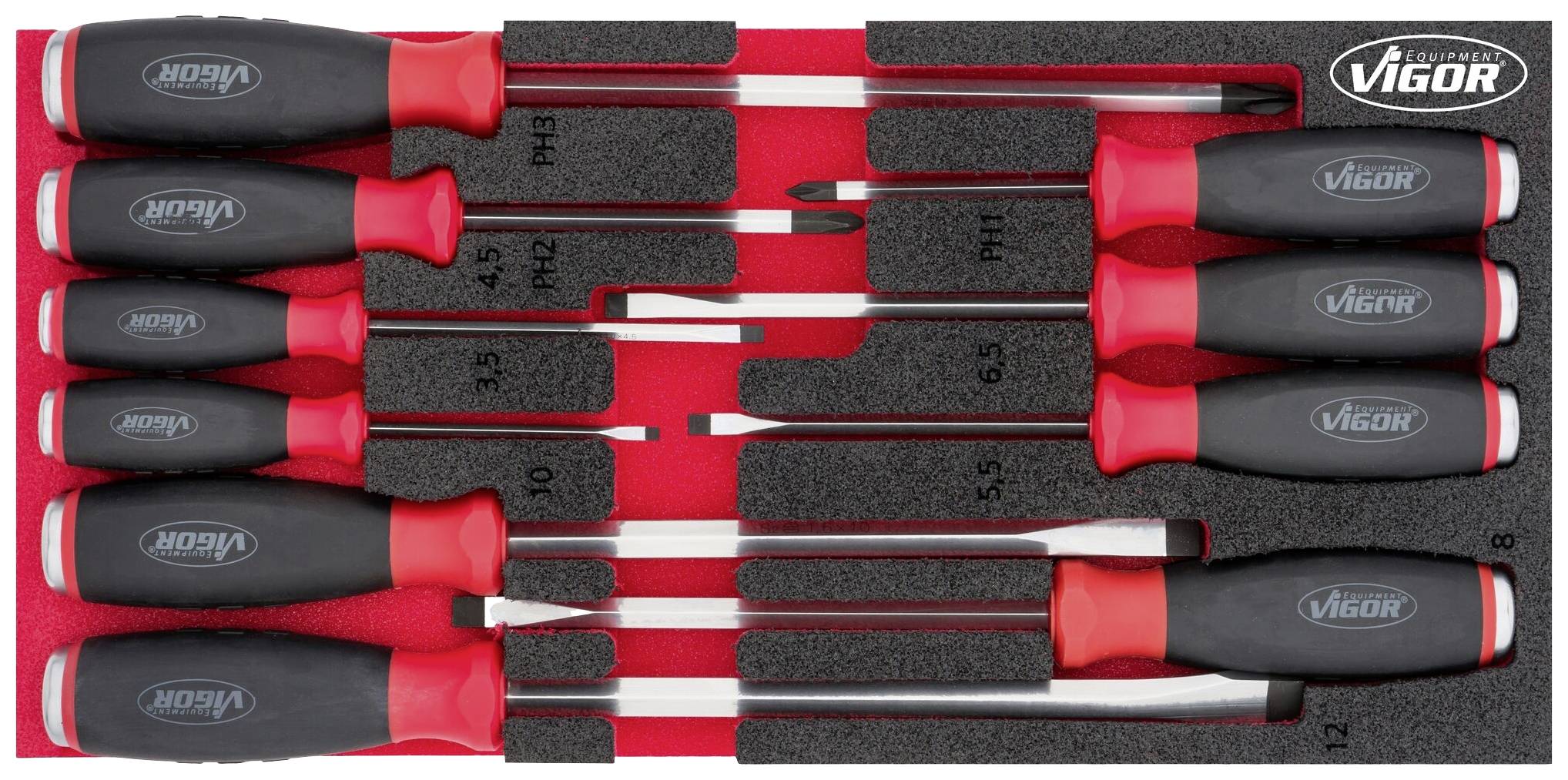For screwdrivers in a foam organiser with a red background, various sizes and types, marked with 'Vigor'.