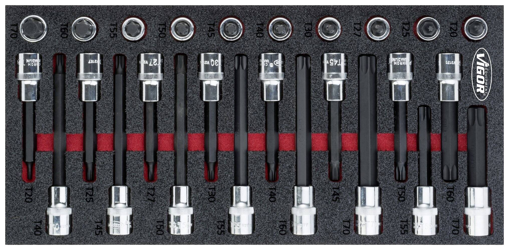 Set of twelve Torx bit attachments in foam insert, various sizes, with red retaining band for organised storage.