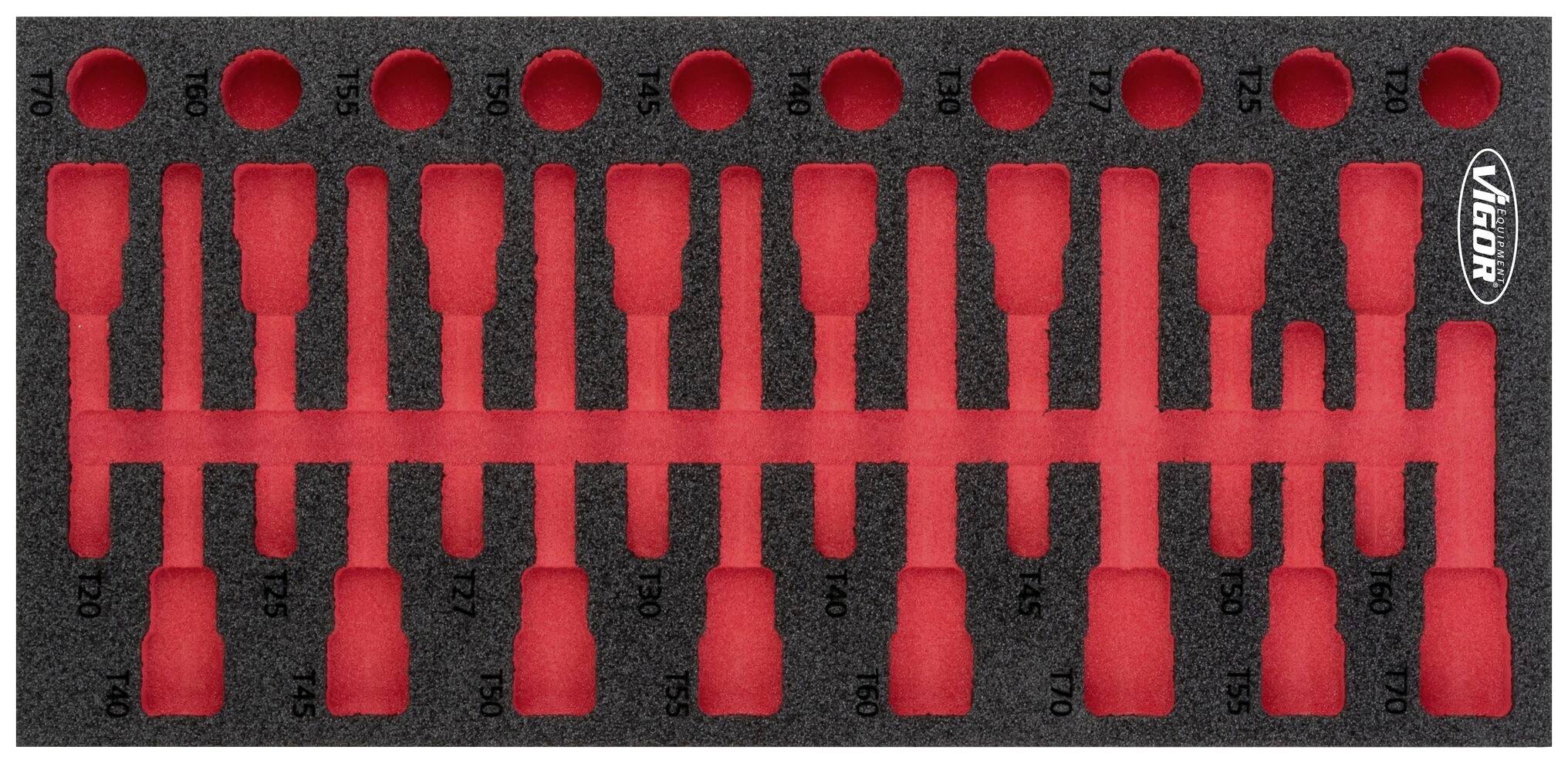 'Tool holder with foam insert, black and red, various slots for spanners, with manufacturer's logo top right.'