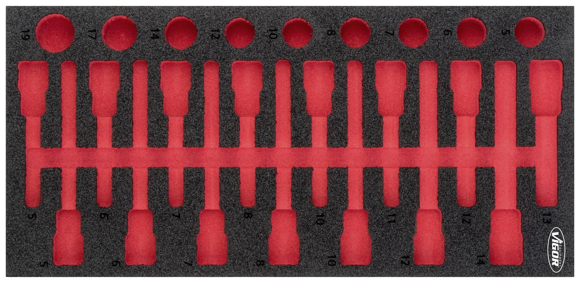 Foam insert with milled recesses for 11 screwdrivers in various sizes, numbered from 1 to 11, in black and red colouration.