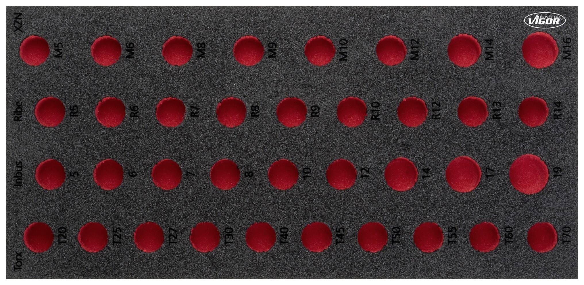 Black foam sheet with red compartments, labelled with screw sizes from M3 to M16 in rows, marked with 'Vigor' in the top right corner.