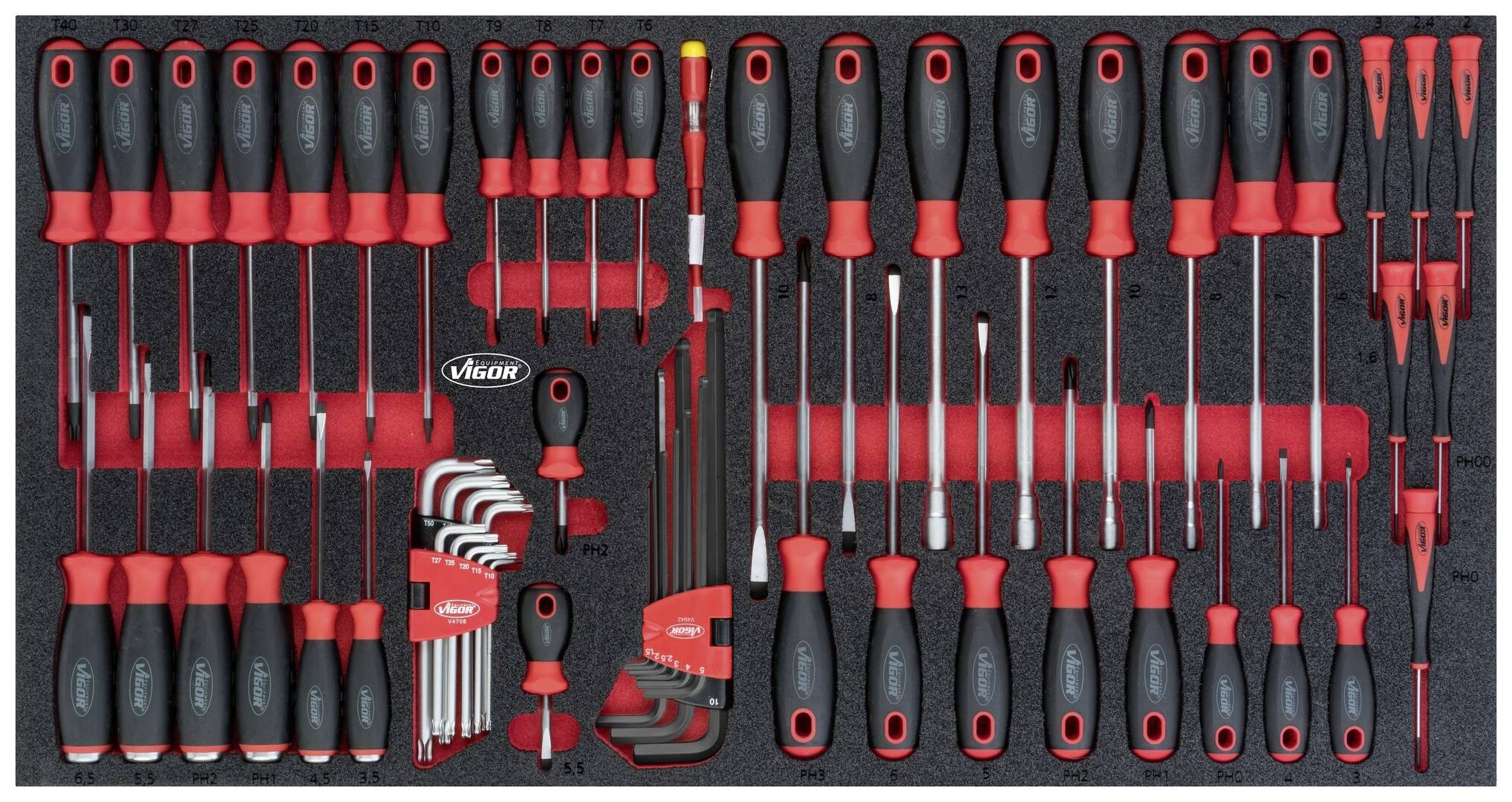 A set of hand tools, including screwdrivers and Allen keys, neatly arranged in a tool holder.