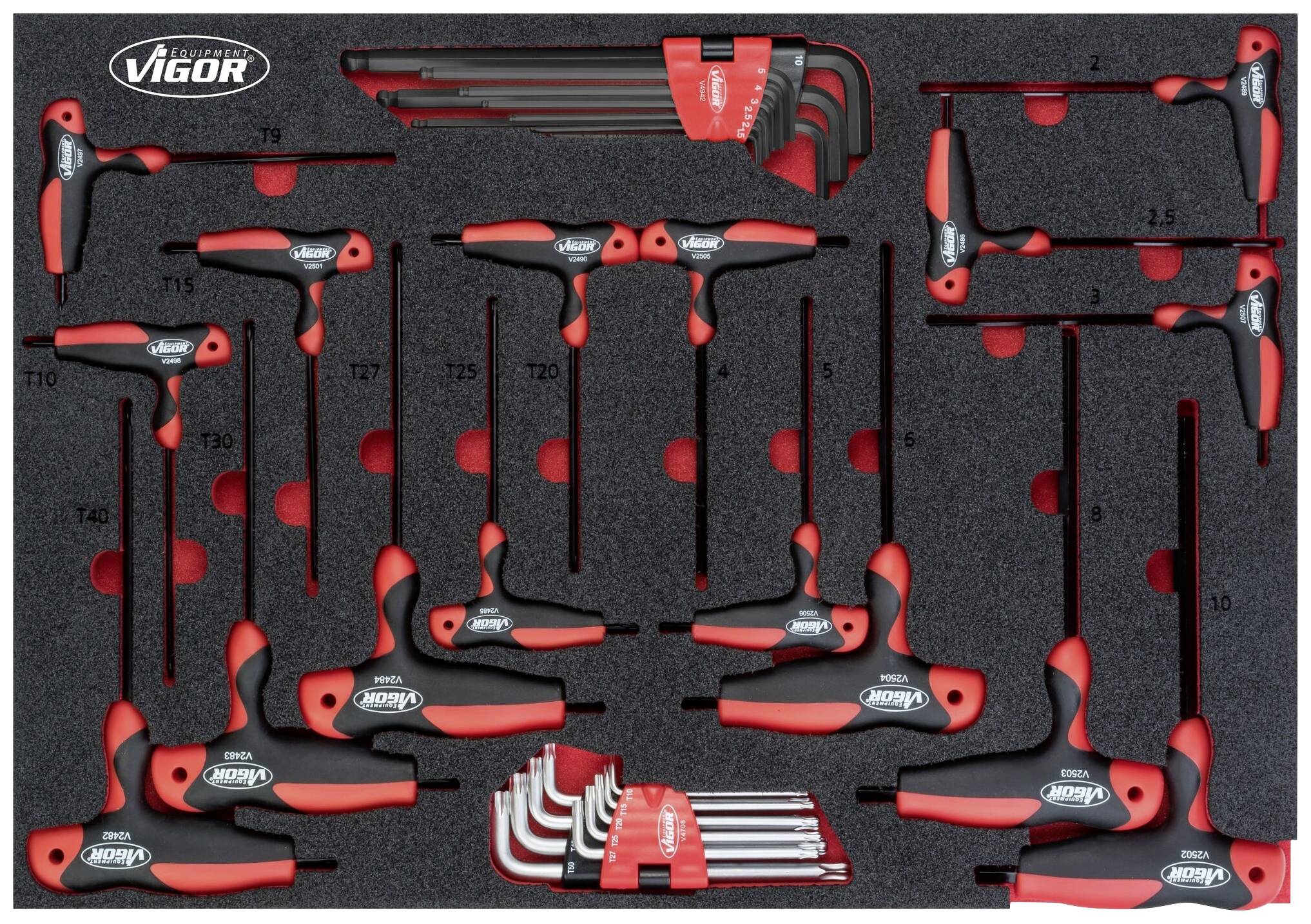 T-handle and L-shaped hex key set by Vigor, arranged in a foam insert with red handles for various screw sizes.