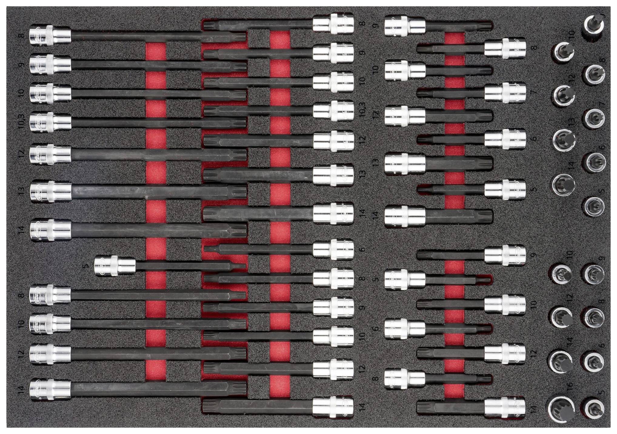 Set of spanners and extensions in foam insert, organised in rows. Metal parts are shiny silver.