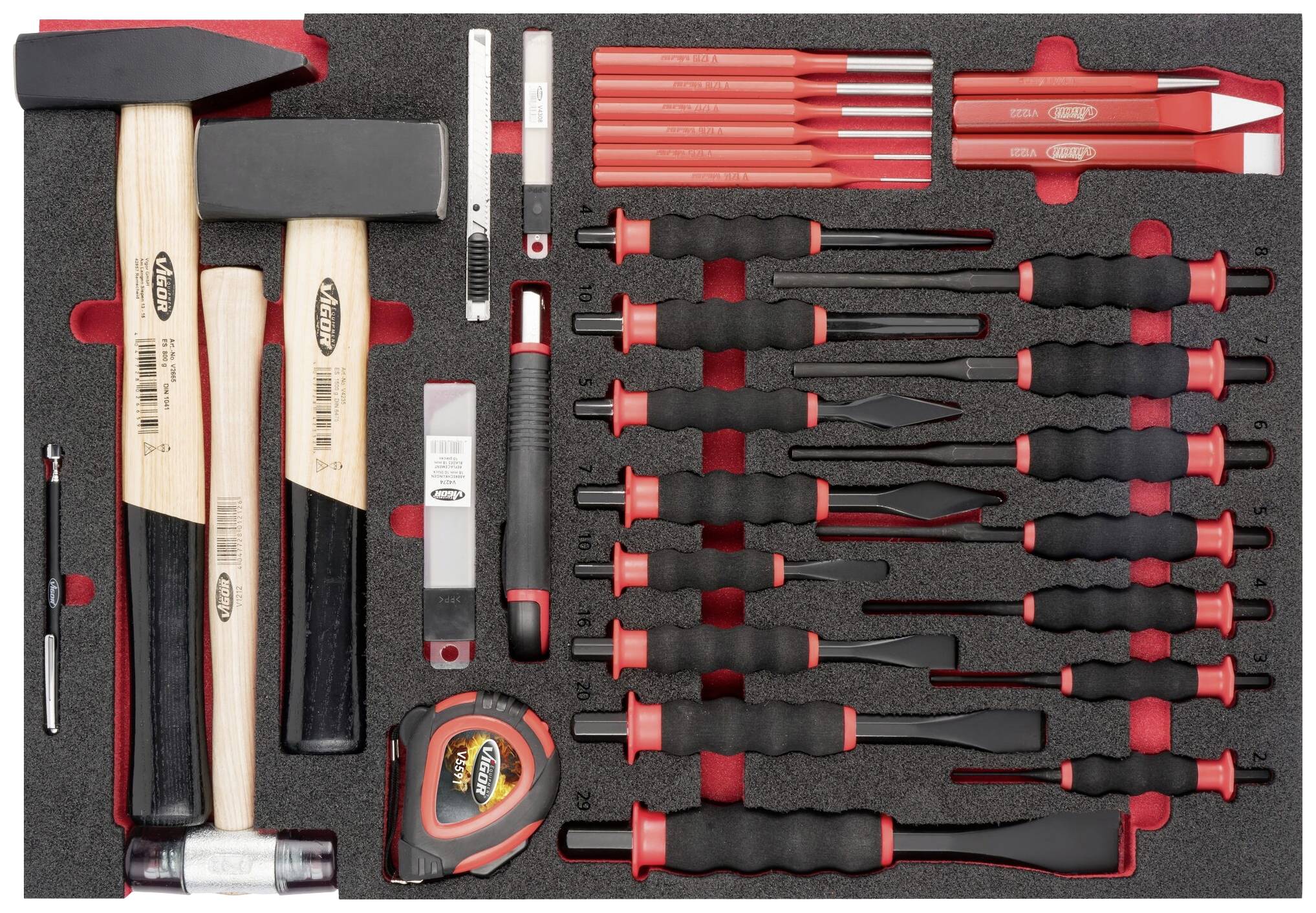 Tool set with hammers, screwdrivers, tape measure and chisels in foam insert, organised and ready for use.